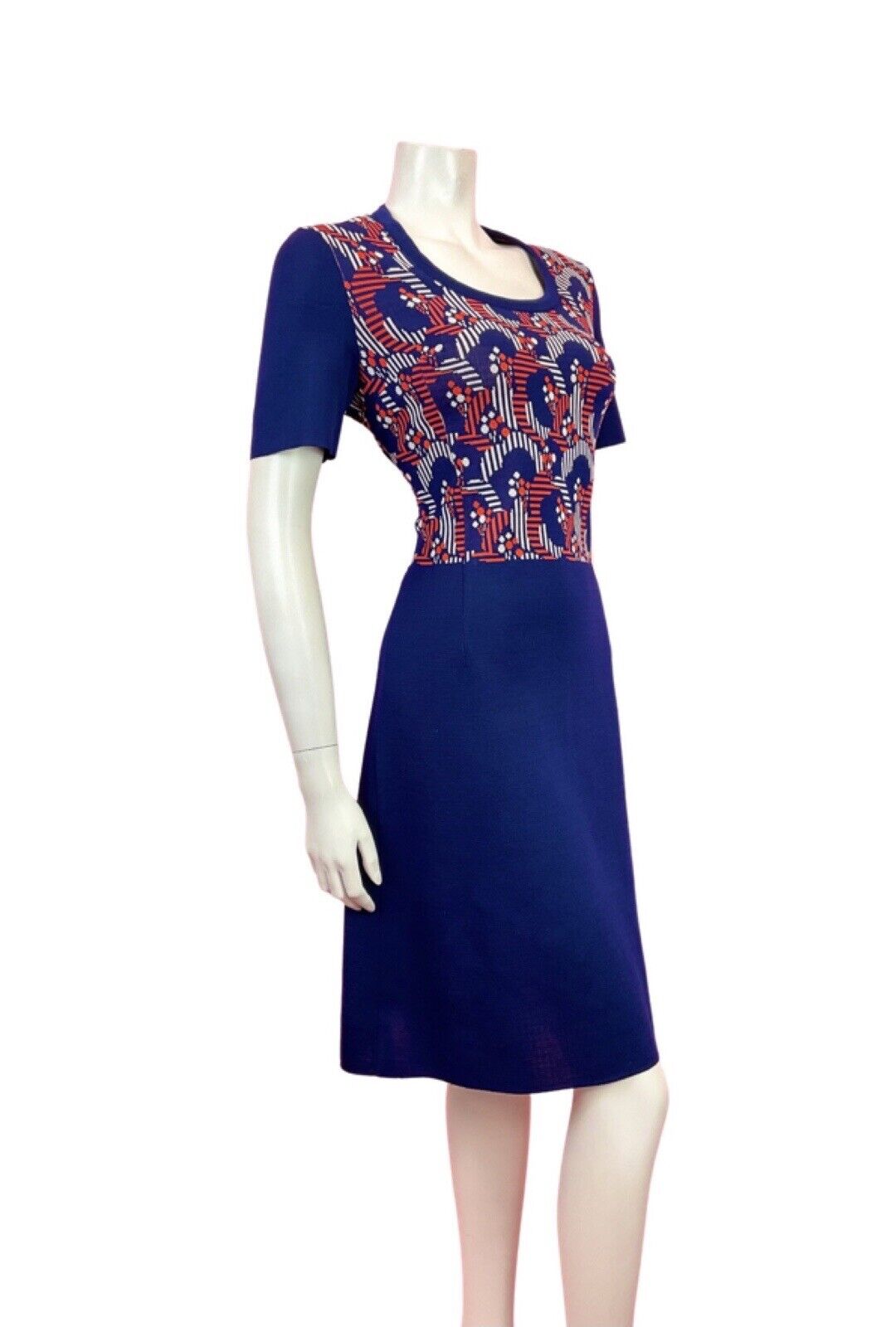 VINTAGE 60s 70s BLUE RED WHITE GEOMETRIC DOTTY MOD KNITTED DRESS 12 14