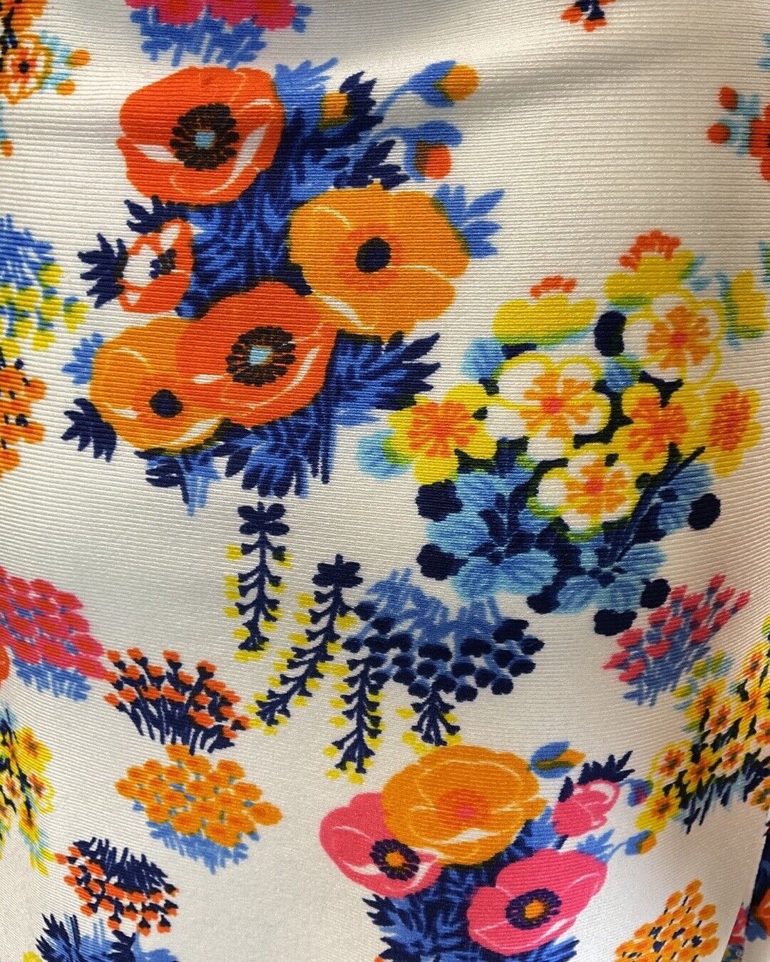 VINTAGE 60s 70s WHITE BLUE PINK FLORAL BOUQUET MOD DAGGER SHIRT DRESS 12 14