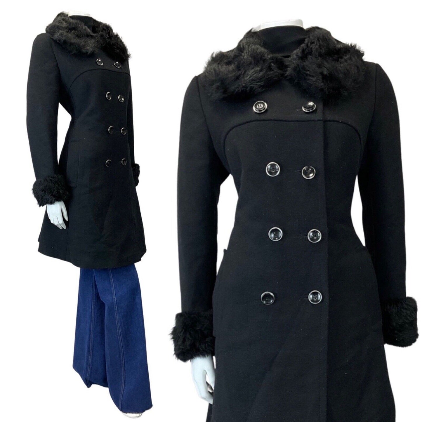 VINTAGE 60s 70s JET BLACK FAUX FUR DOUBLE BREASTED WOOL PRINCESS COAT 12