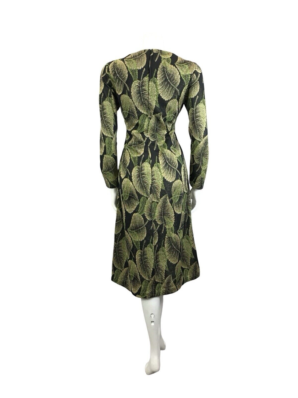 VTG 60S 70S BLACK GREEN GOLD LEAF LUREX SWEETHEART PARTY MIDI DRESS 1214 M