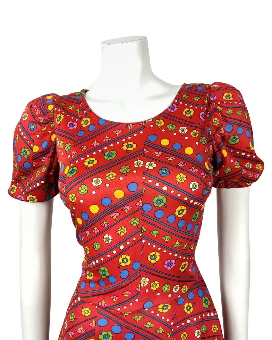 VTG 60s 70s RED BLUE YELLOW GREEN FLORAL DOTTY PUFF SLEEVE MOD SWING DRESS 8 10