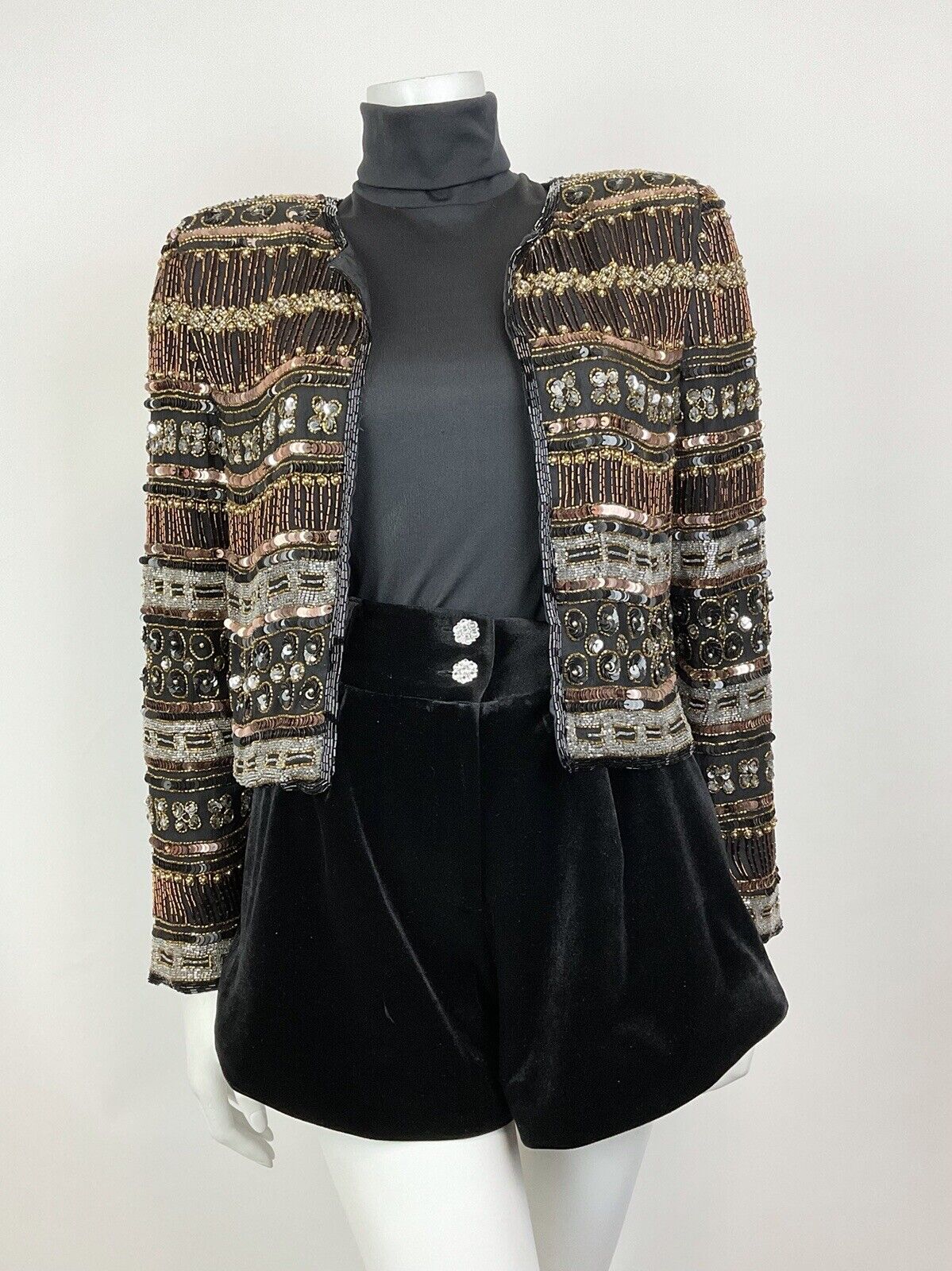 VTG 70s BLACK BRONZE SILVER DECO STRIPED BEADED SEQUIN PARTY TROPHY JACKET 8 10
