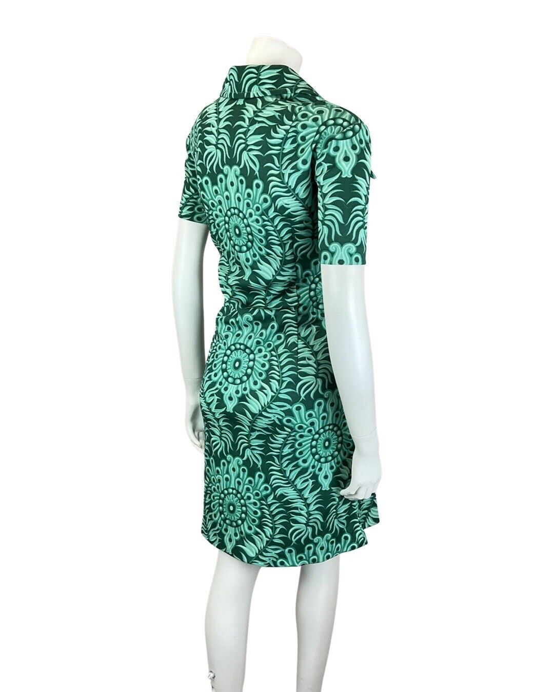 VINTAGE 60s 70s EMERALD GREEN PSYCHEDELIC MANDALA FLORAL DAGGER SHIRT DRESS 16