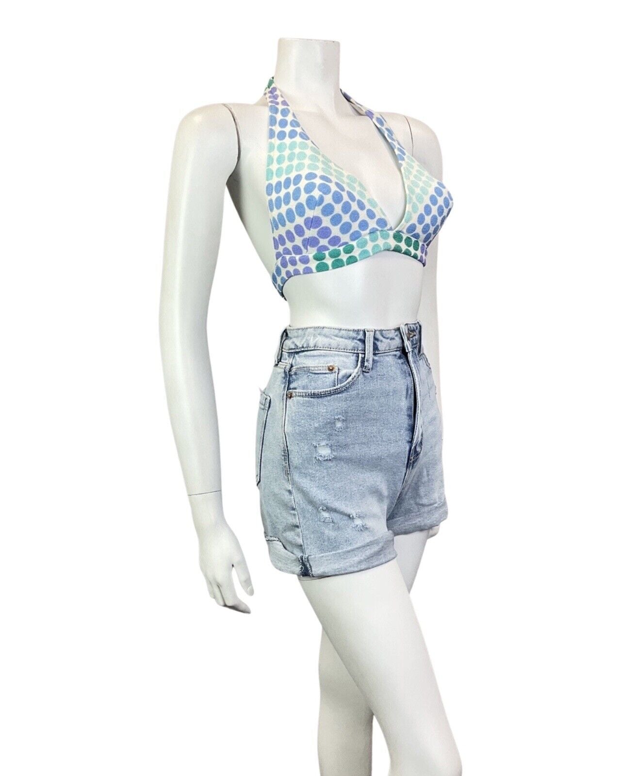 VINTAGE 60s 70s BLUE PURPLE WHITE SPOTTED DOTTY BIKINI BRALETTE TOP 6