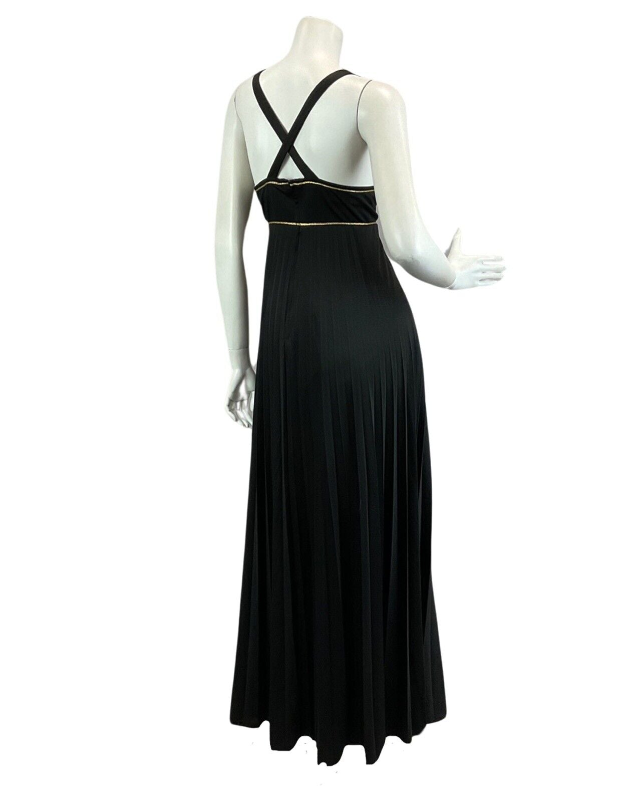 VINTAGE 60s 70s BLACK GOLD CROSS BACK PLEATED DISCO BOHO FOLK MAXI DRESS 10 12