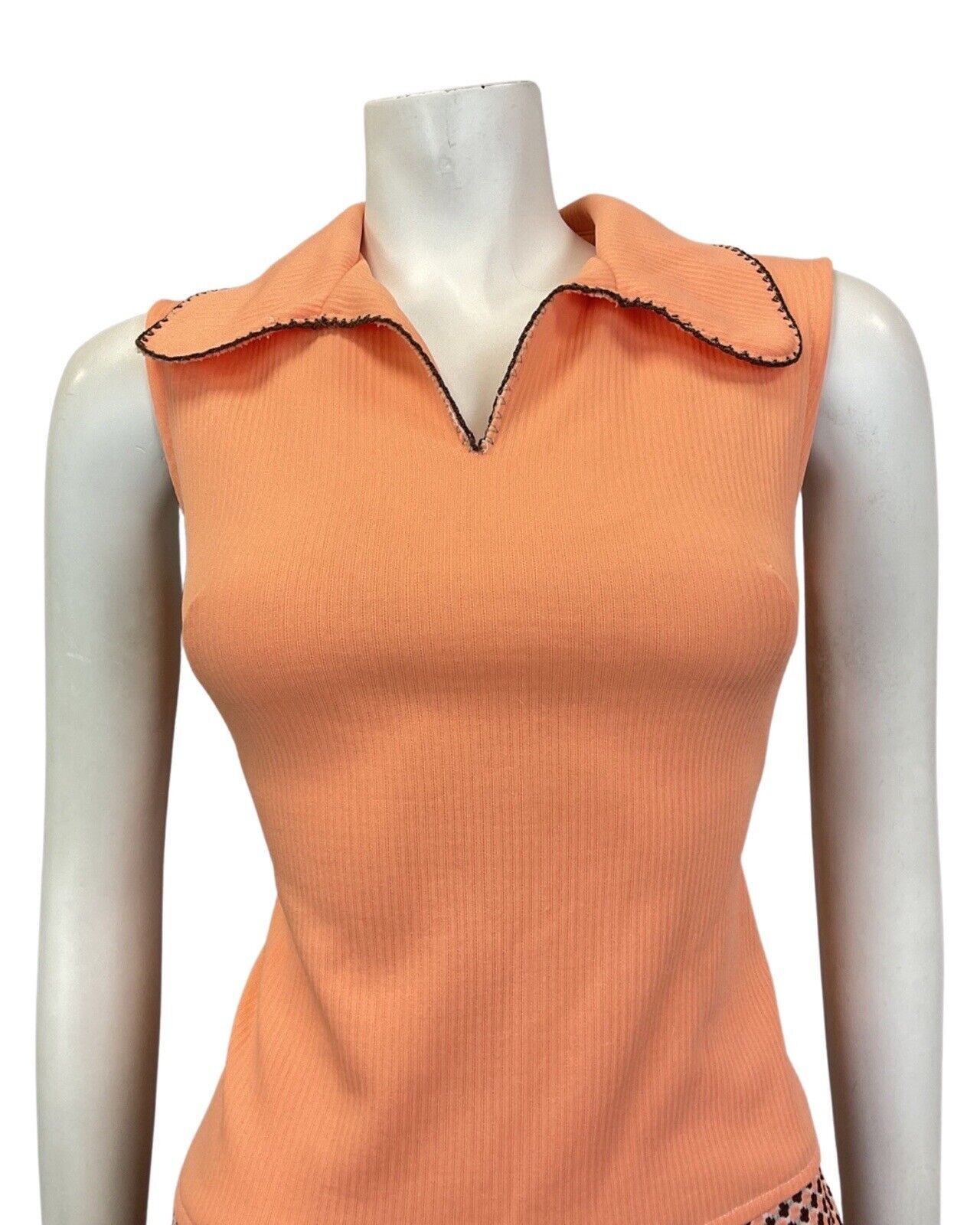 VINTAGE 60s 70s PEACH BROWN WHITE CHECKERBOARD MOD BEAGLE COLLAR SWING DRESS 14