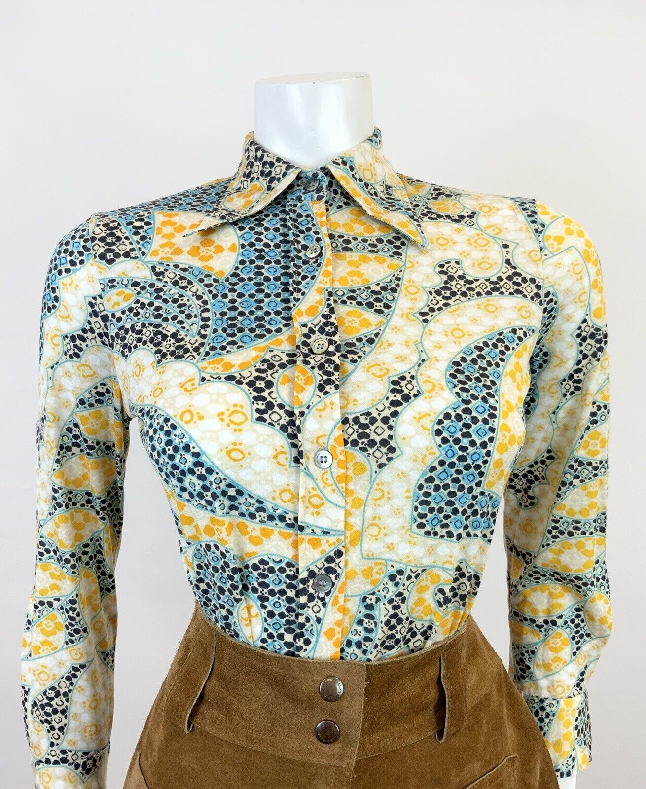 VINTAGE 60s 70s CREAM YELLOW BLUE PSYCHEDELIC FLORAL MOD DAGGER SHIRT 8 10