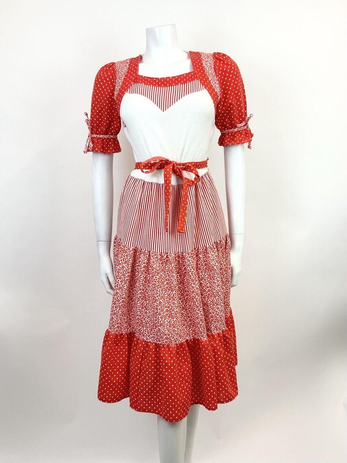 VTG 60s 70s RED WHITE STRIPE DOTTY FLORAL PRAIRIE FOLK PUFF SLEEVE DRESS 10 12