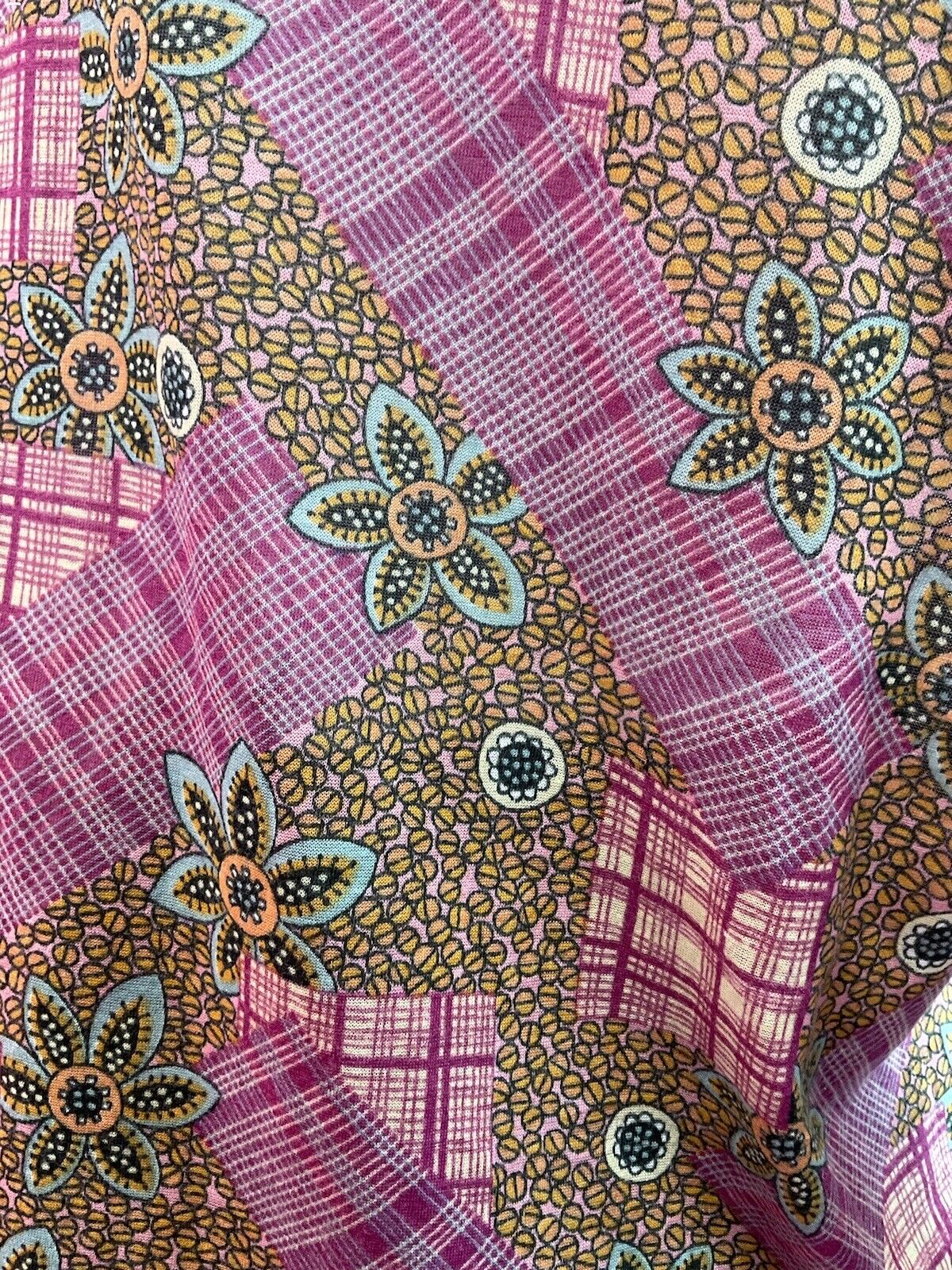 VINTAGE 60s 70s PURPLE GOLD BLUE PATCHWORK FLORAL CHECKED MOD DAGGER SHIRT 12 14
