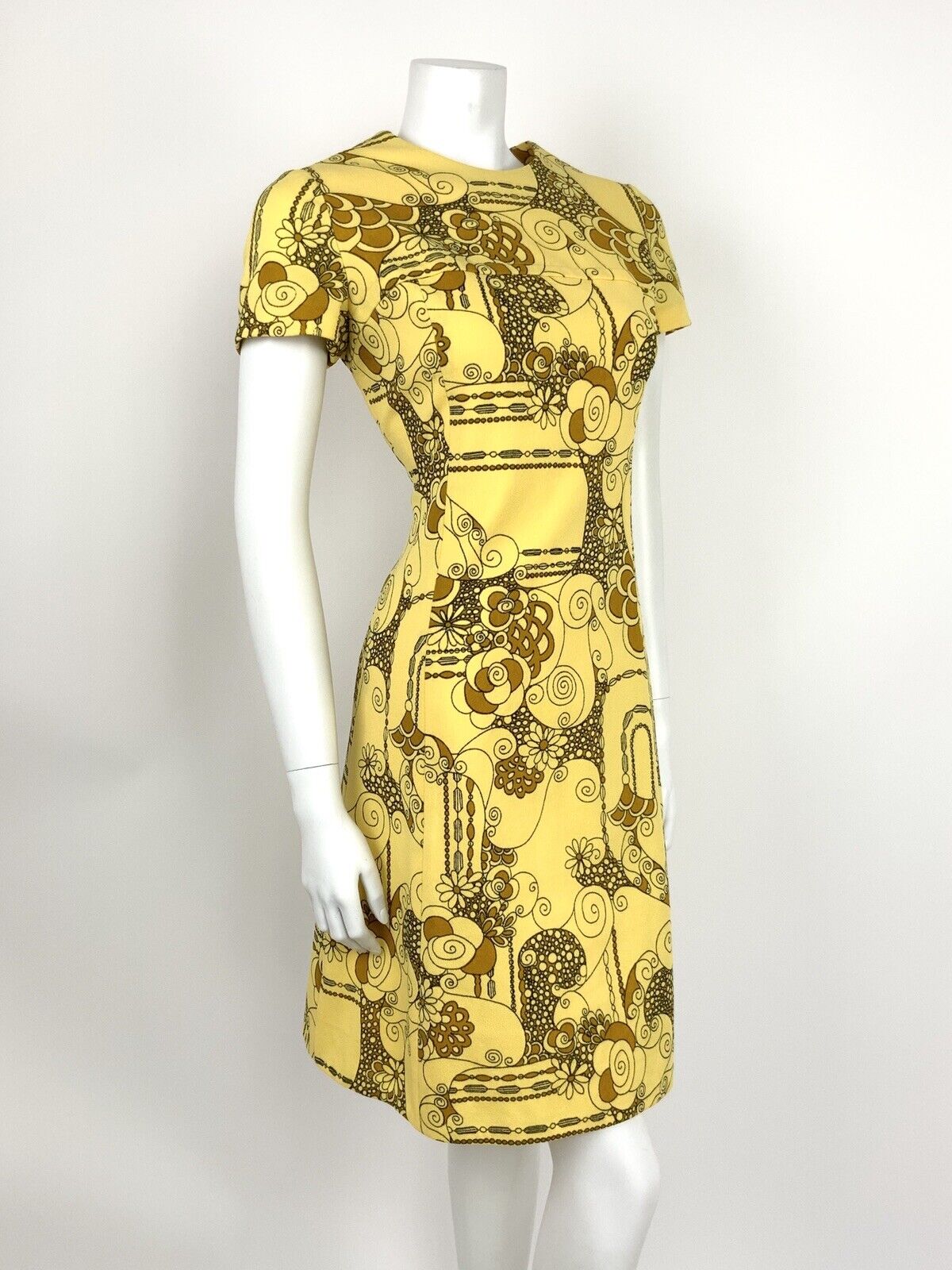 VTG 60s 70s PASTEL YELLOW BLACK BROWN ABSTRACT FLORAL SWIRL A-LINE DRESS 10 12
