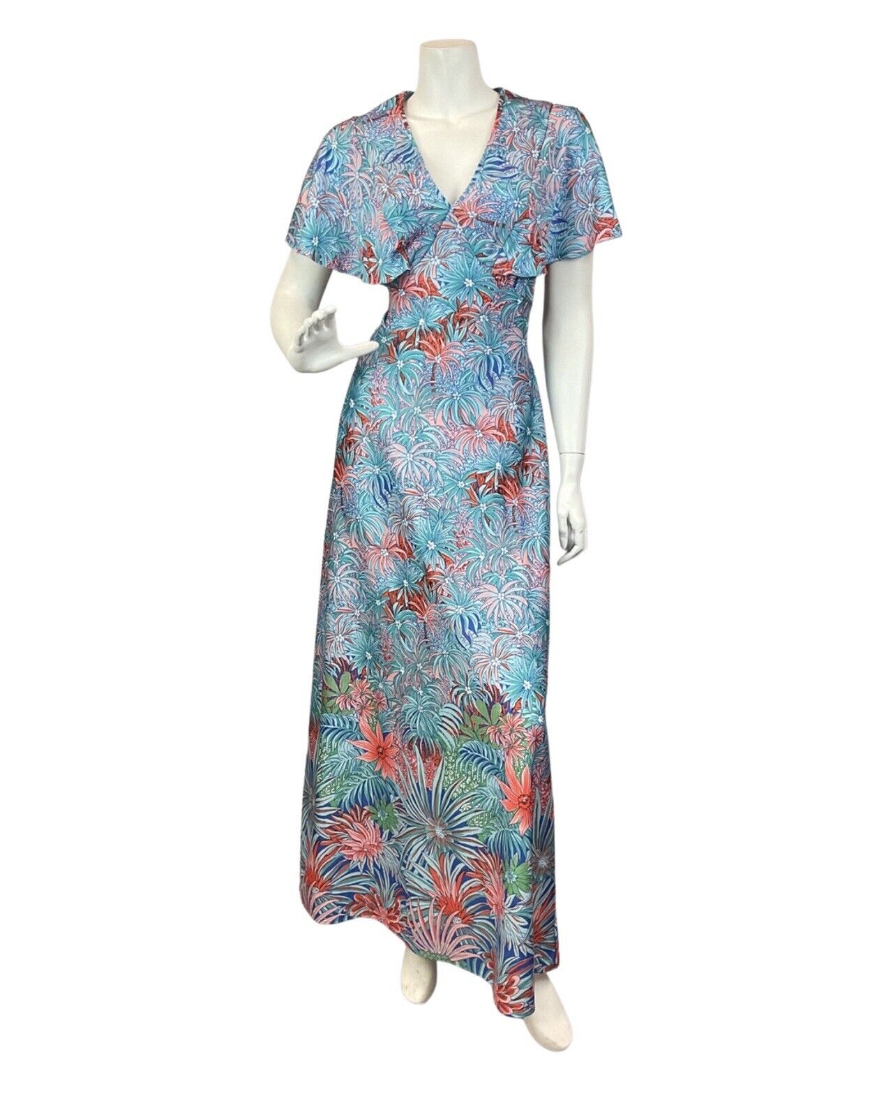 VINTAGE 60s 70s BLUE RED PEACH PSYCHEDELIC PALM LEAF FLORAL CAPED MAXI DRESS 14