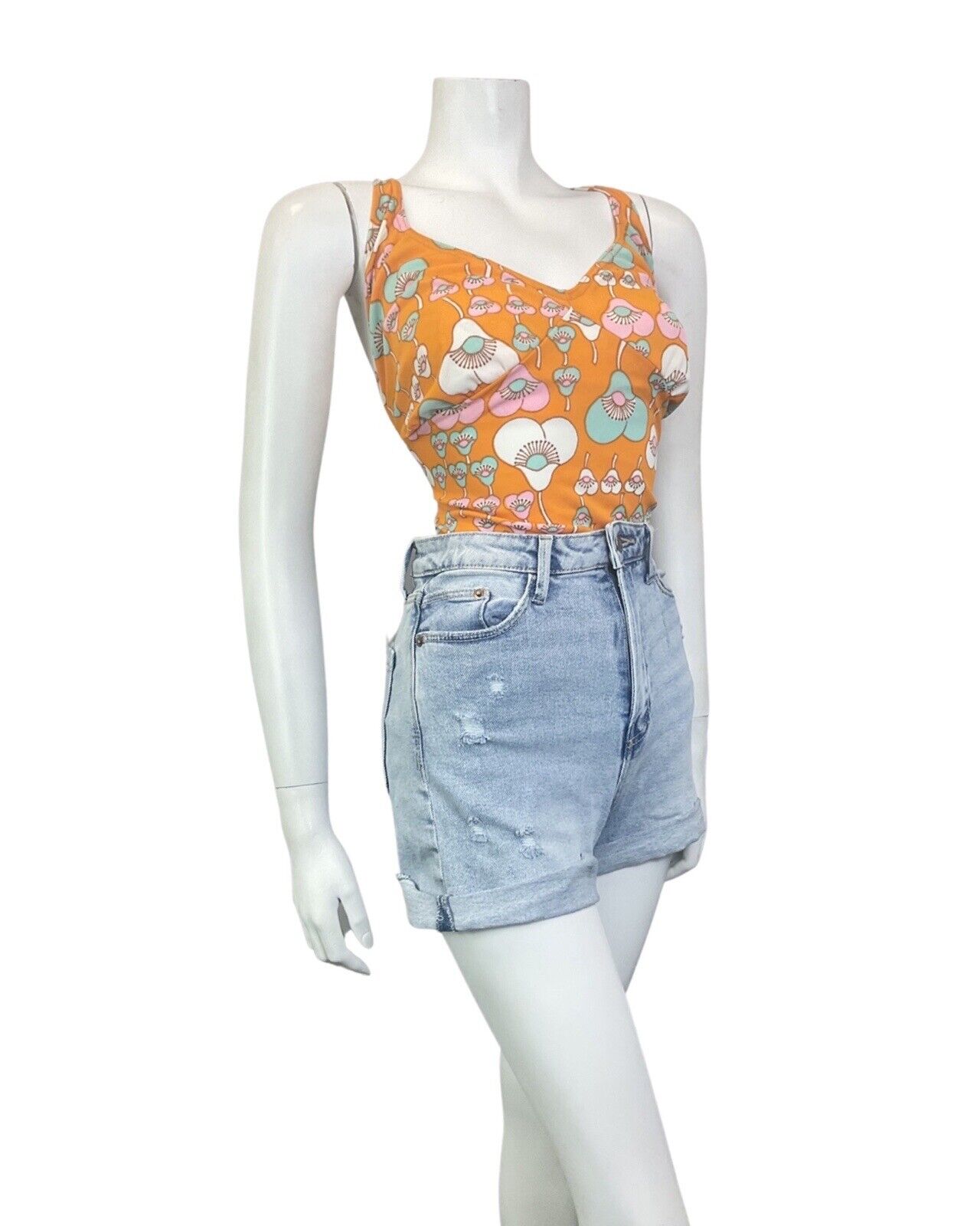 VINTAGE 60s 70s ORANGE PINK BLUE FLORAL MOD STRAPPY SWIMSUIT BODYSUIT 14 16
