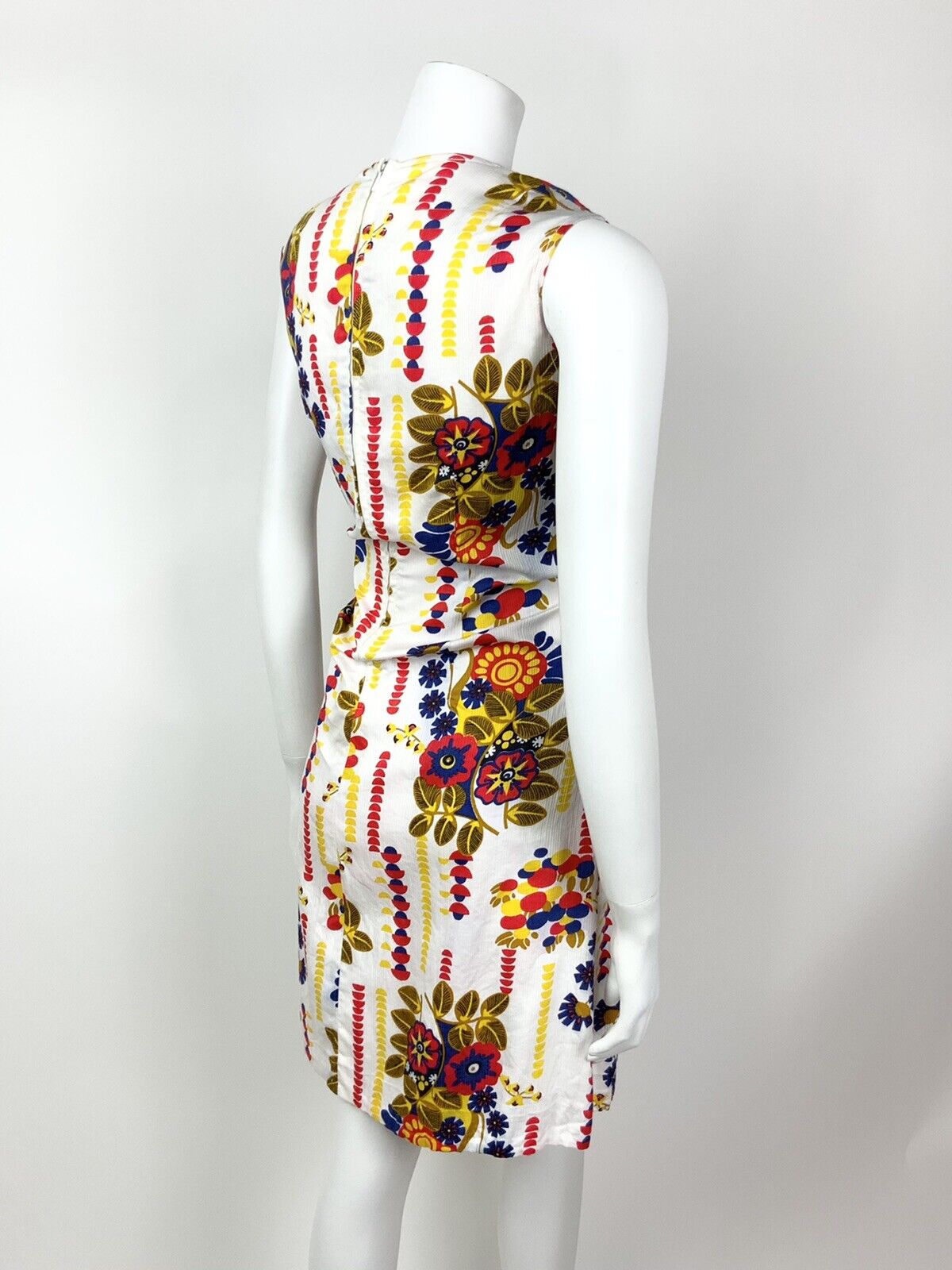 VINTAGE 60s 70s WHITE RED BLUE YELLOW GOLD FLORAL GEOMETRIC MOD DRESS 10 12