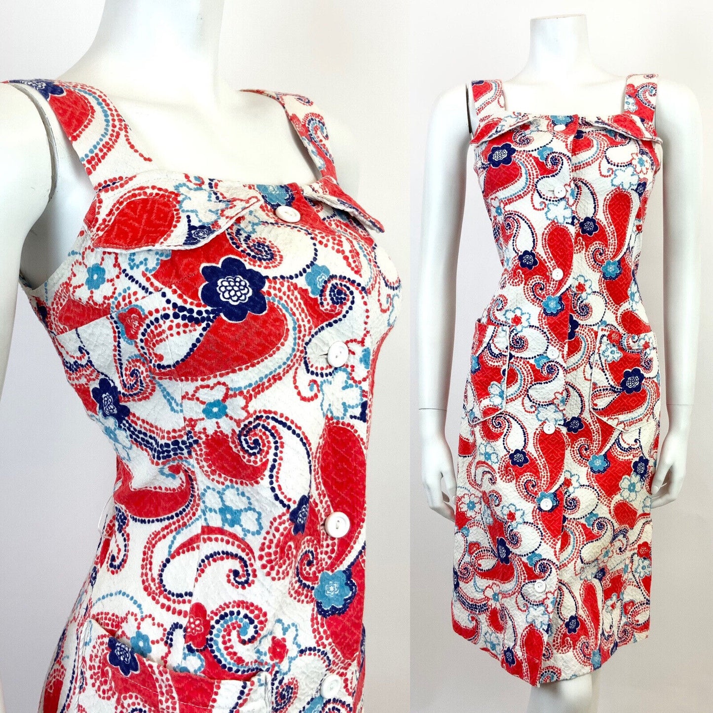 VTG 60s 70s WHITE RED BLUE FLORAL DOTTY PAISLEY PSYCHEDELIC MOD SUNDRESS 8 10