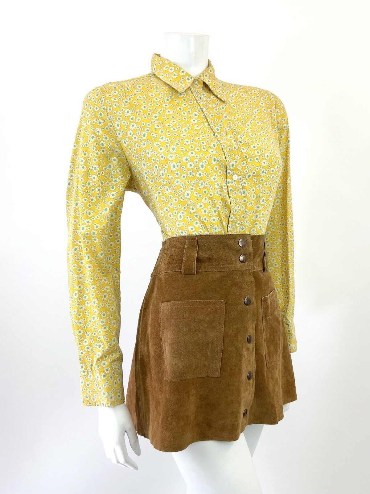 VINTAGE 60s 70s YELLOW WHITE GREEN FLORAL DITSY MOD DAGGER SHIRT BLOUSE 16 18