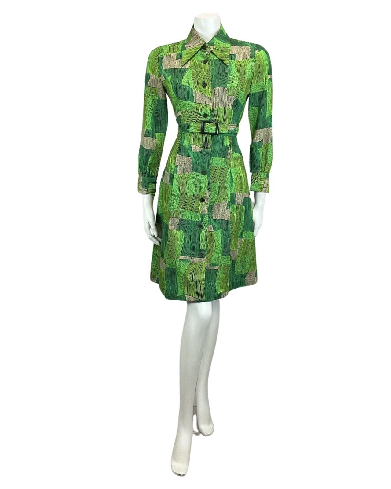 VINTAGE 60s 70s GREEN ABSTRACT PRINT DAGGER COLLAR MIDI MOD BOHO DRESS 12