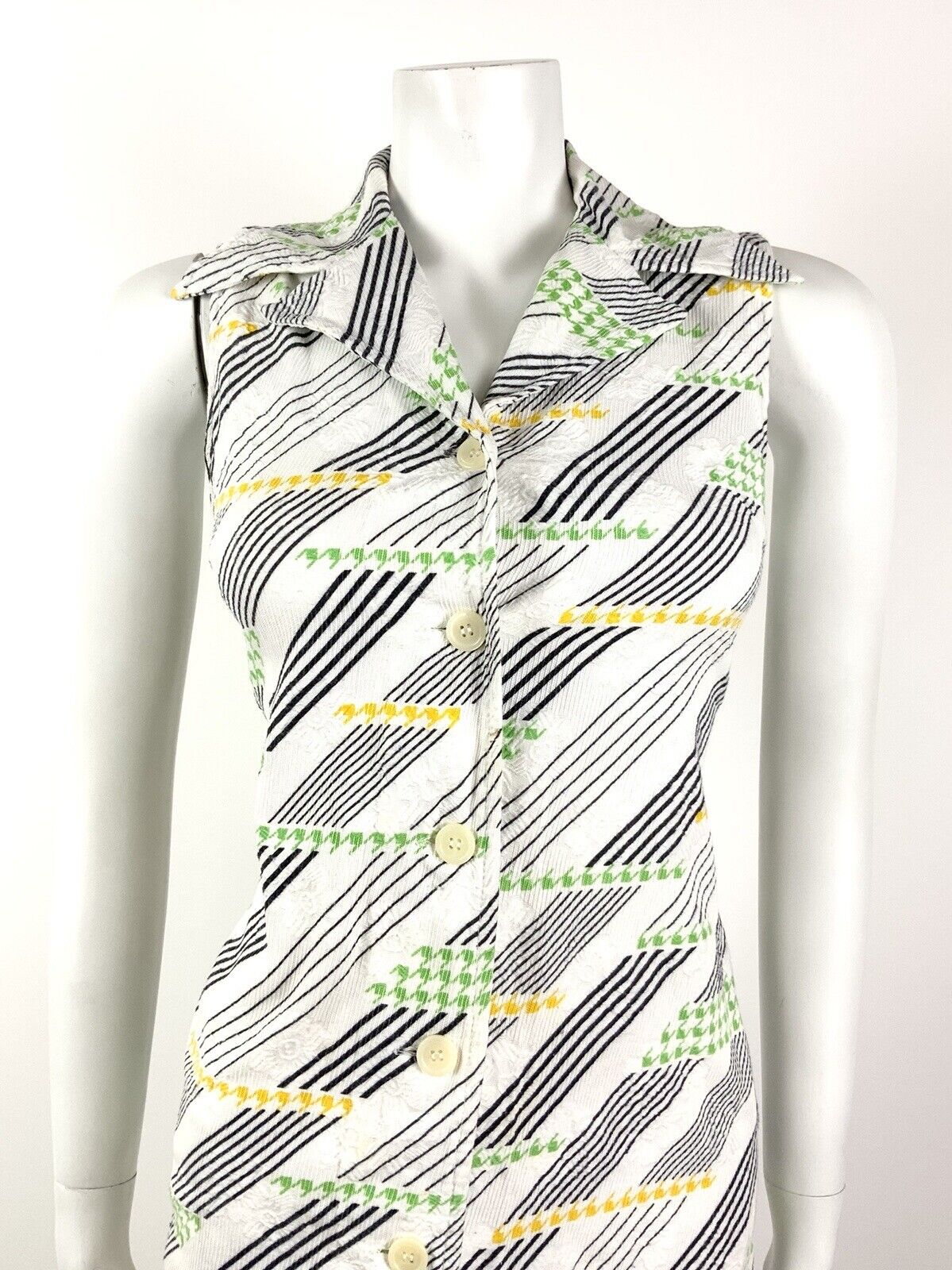 VINTAGE 60s 70s WHITE BLACK GREEN STRIPED HOUNDSTOOTH MOD DAGGER SHIRT DRESS 10