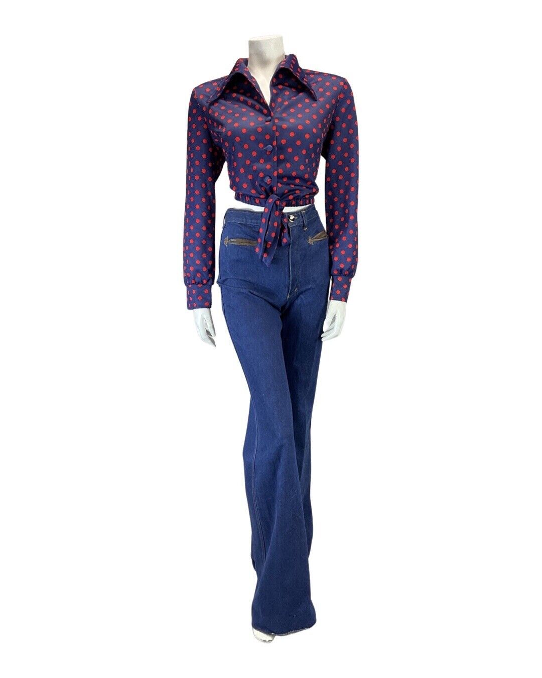 VINTAGE 60s 70s BLUE RED POLKA-DOT WING COLLAR CROPPED BLOUSE TOP 12