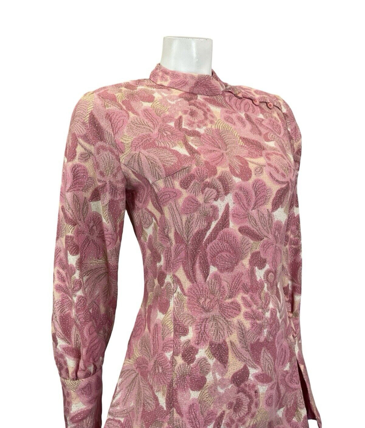VTG 60S HIPPY PINK CREAM SPARKLING HIGH NECK BISHOP SLEEVE TUNIC PARTY TOP 8