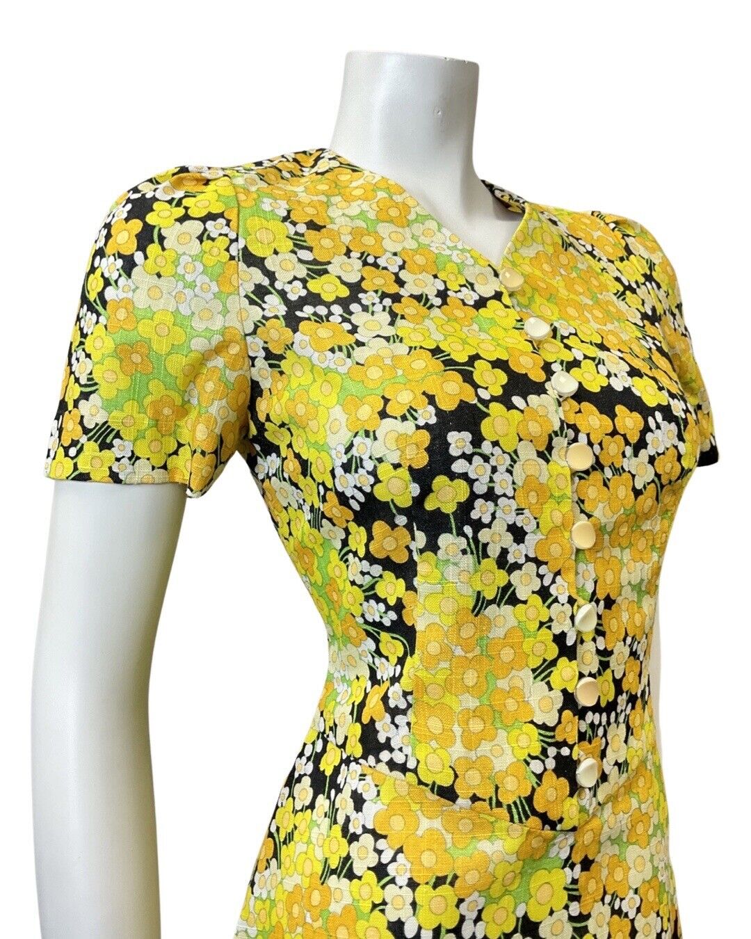 VINTAGE 60s 70s YELLOW BLACK WHITE DITSY DAISY FLORAL MOD SHORT DRESS 8 10