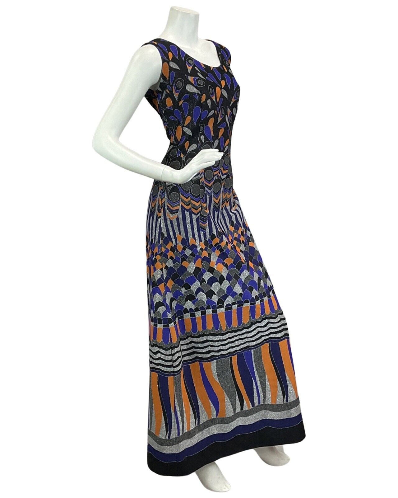 VINTAGE 60s 70s BLACK PURPLE ORANGE SILVER ABSTRACT DISCO PARTY MAXI DRESS 12