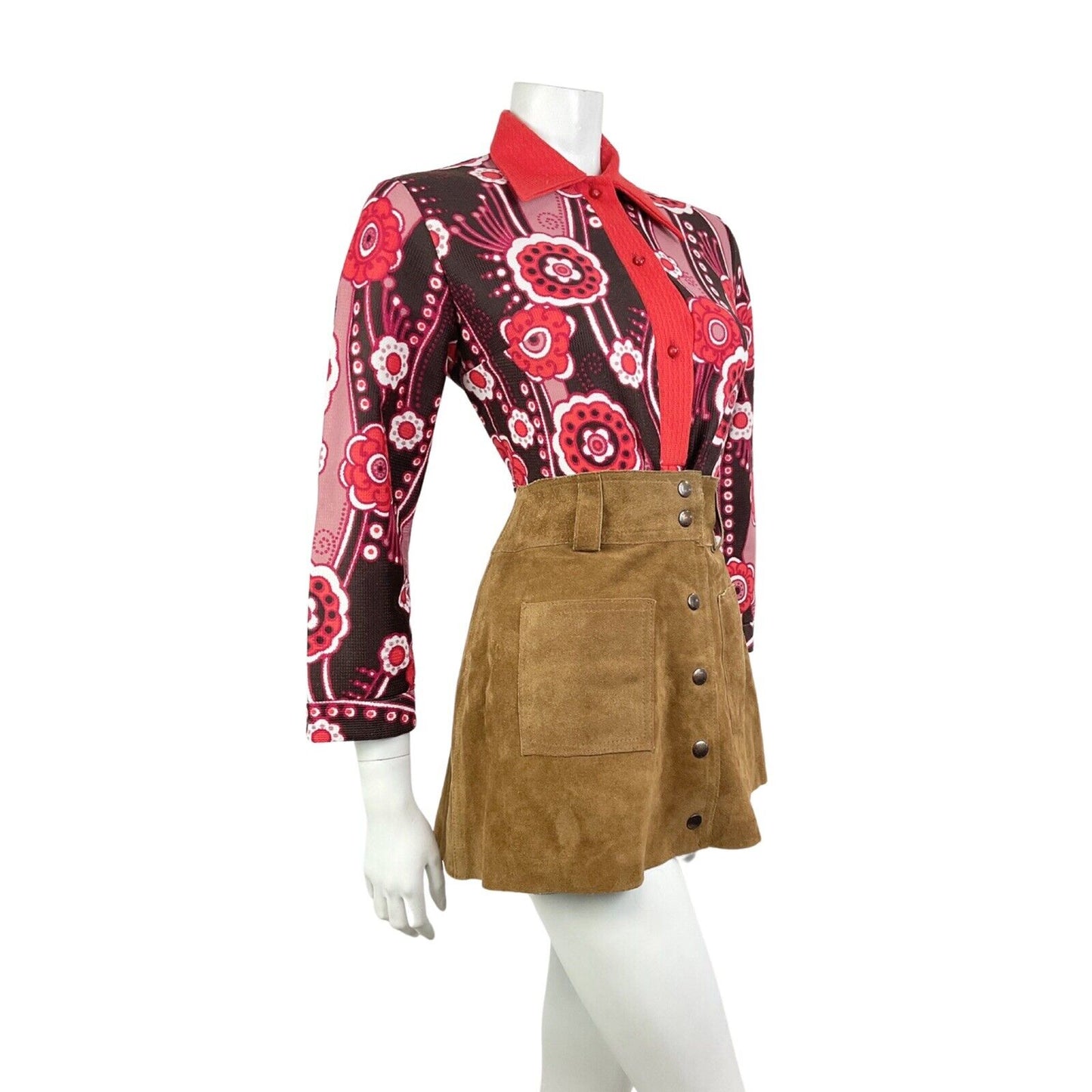 VINTAGE 60s 70s PINK RED BROWN FLORAL PSYCHEDELIC MOD DAGGER COLLAR BLOUSE 12 14