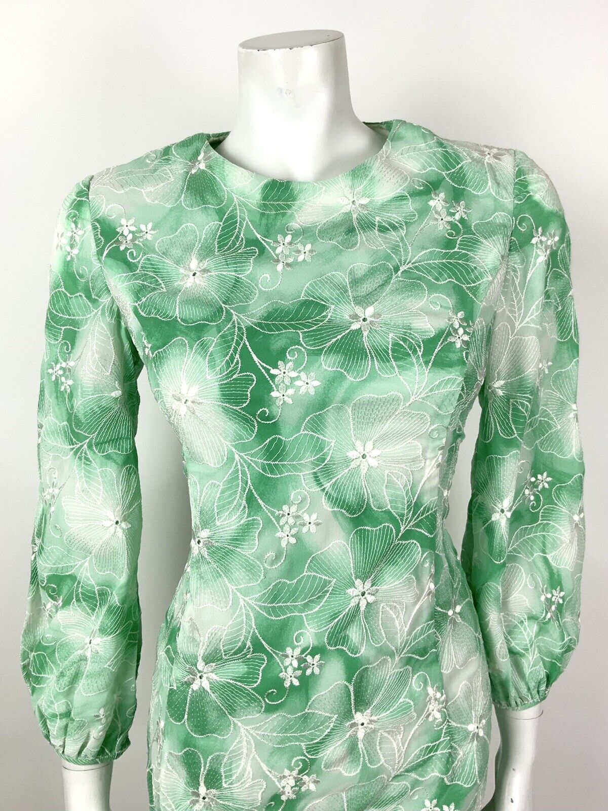 VINTAGE 60s 70s GREEN APPLE WHITE TIE-DYE FLORAL EMBROIDERED MOD DRESS 10