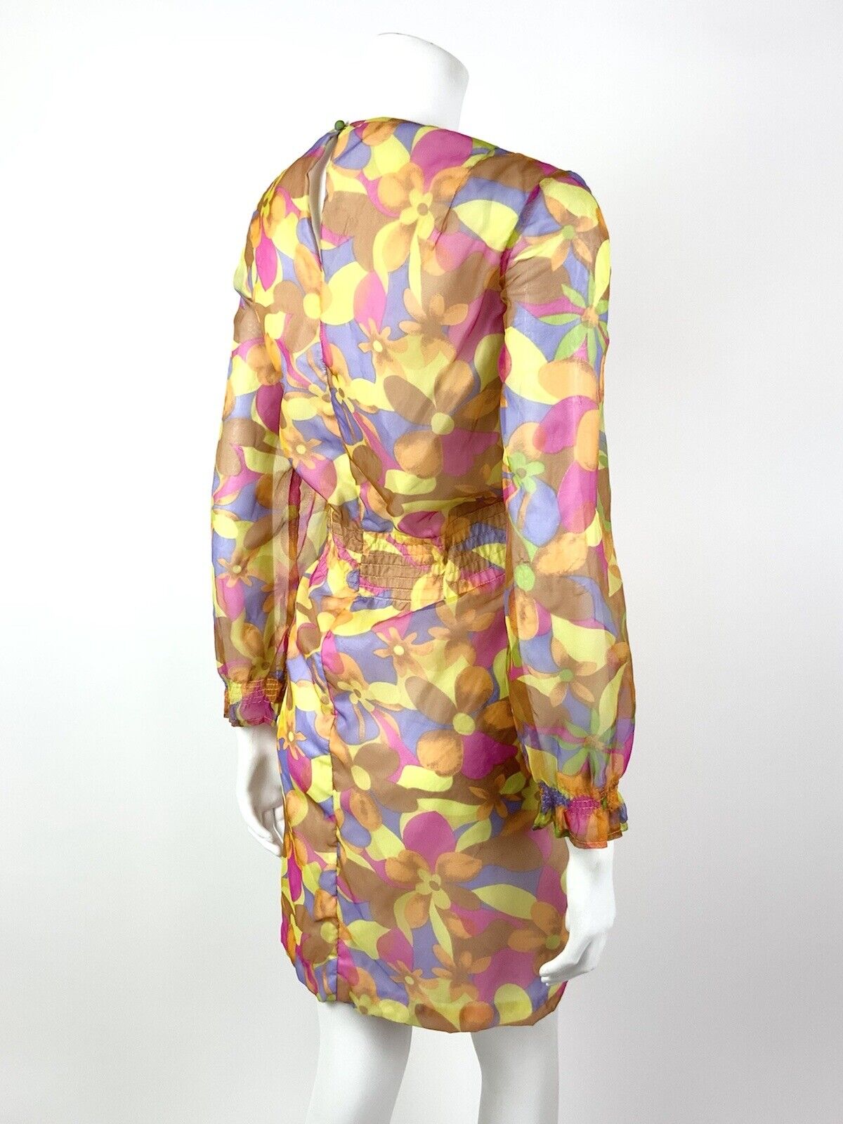 VINTAGE 60s 70s YELLOW PINK PURPLE PSYCHEDELIC FLORAL SHEER MOD DRESS 12 14