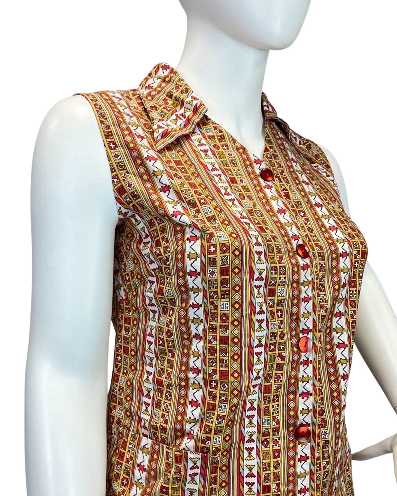 VINTAGE 60s 70s YELLOW RED WHITE GEOMETRIC AZTEC SLEEVELESS DAGGER SHIRT 14 16