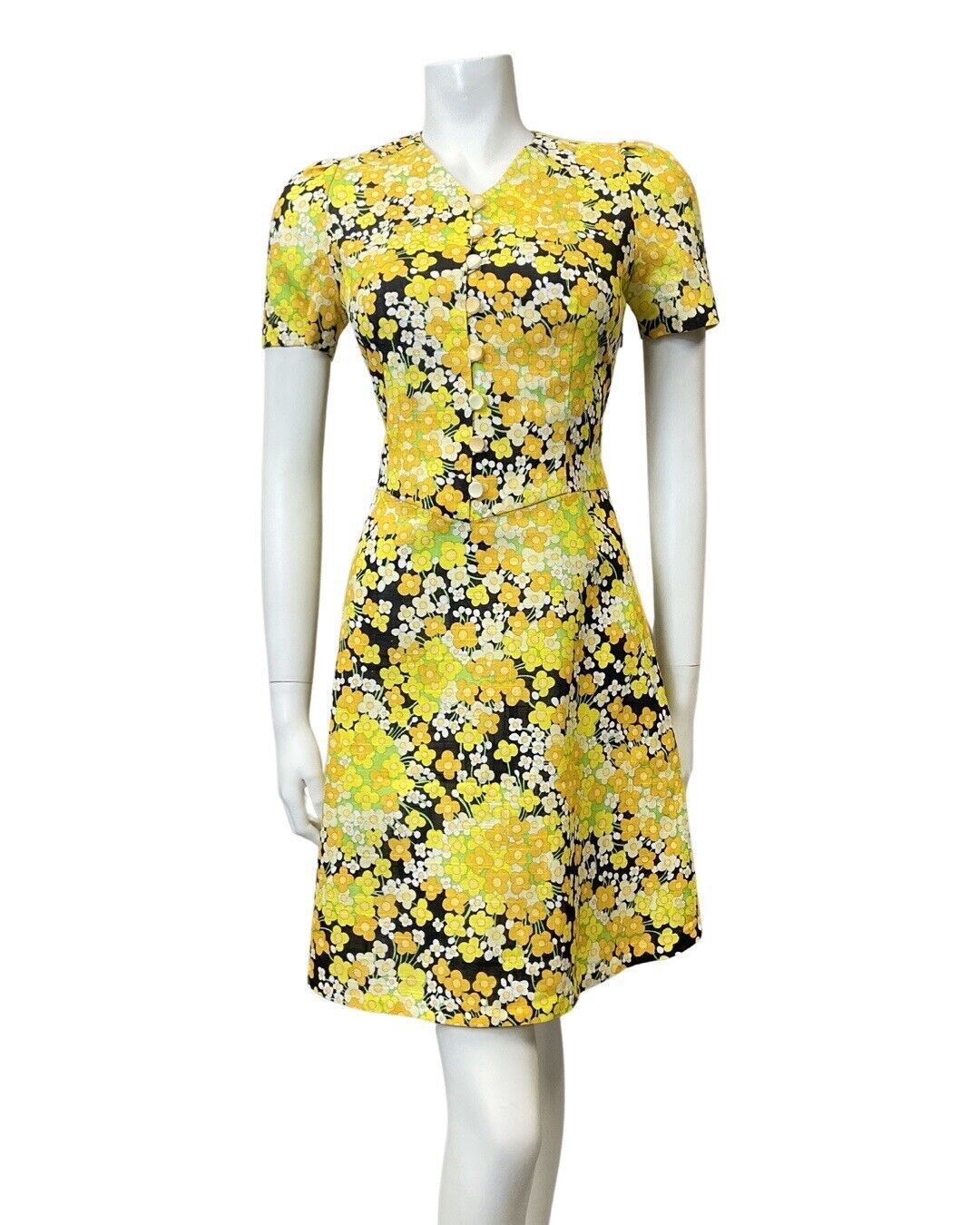VINTAGE 60s 70s YELLOW BLACK WHITE DITSY DAISY FLORAL MOD SHORT DRESS 8 10