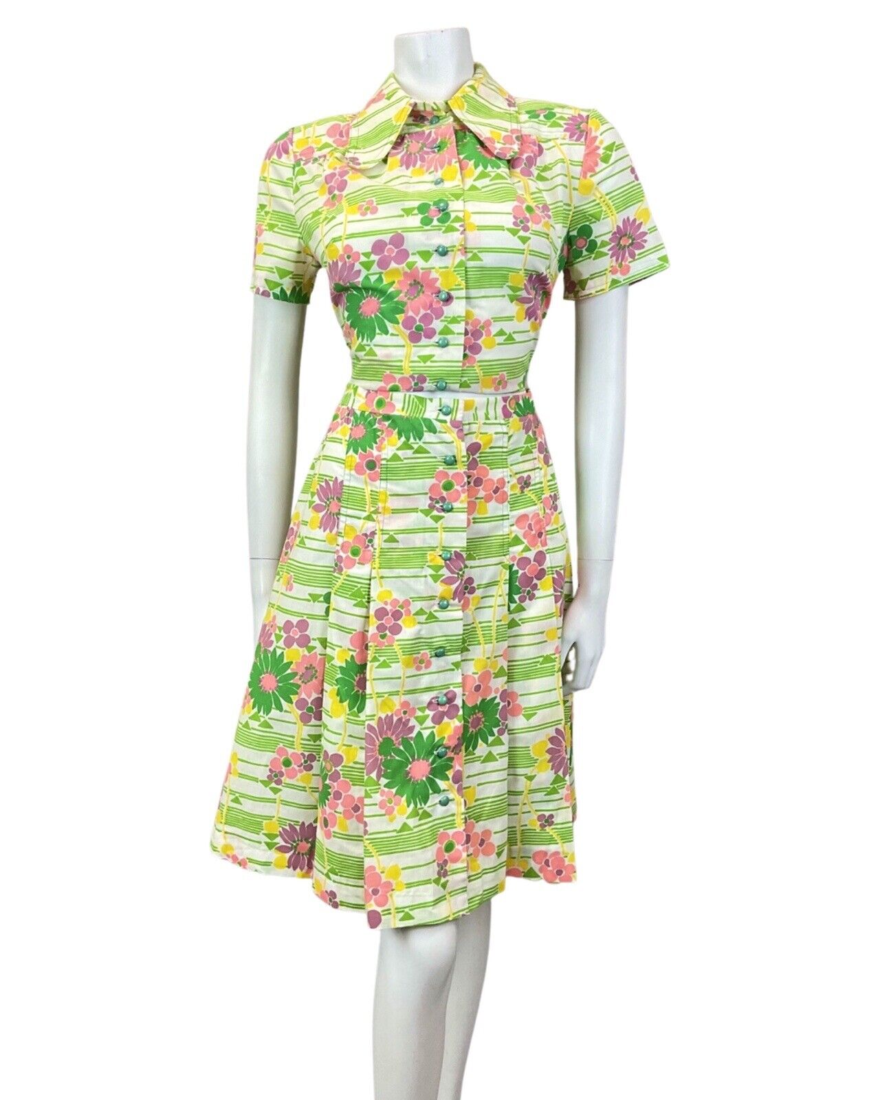 VINTAGE 60s 70s GREEN WHITE PINK STRIPED FLORAL MOD TWO-PIECE SHIRT SKIRT 10