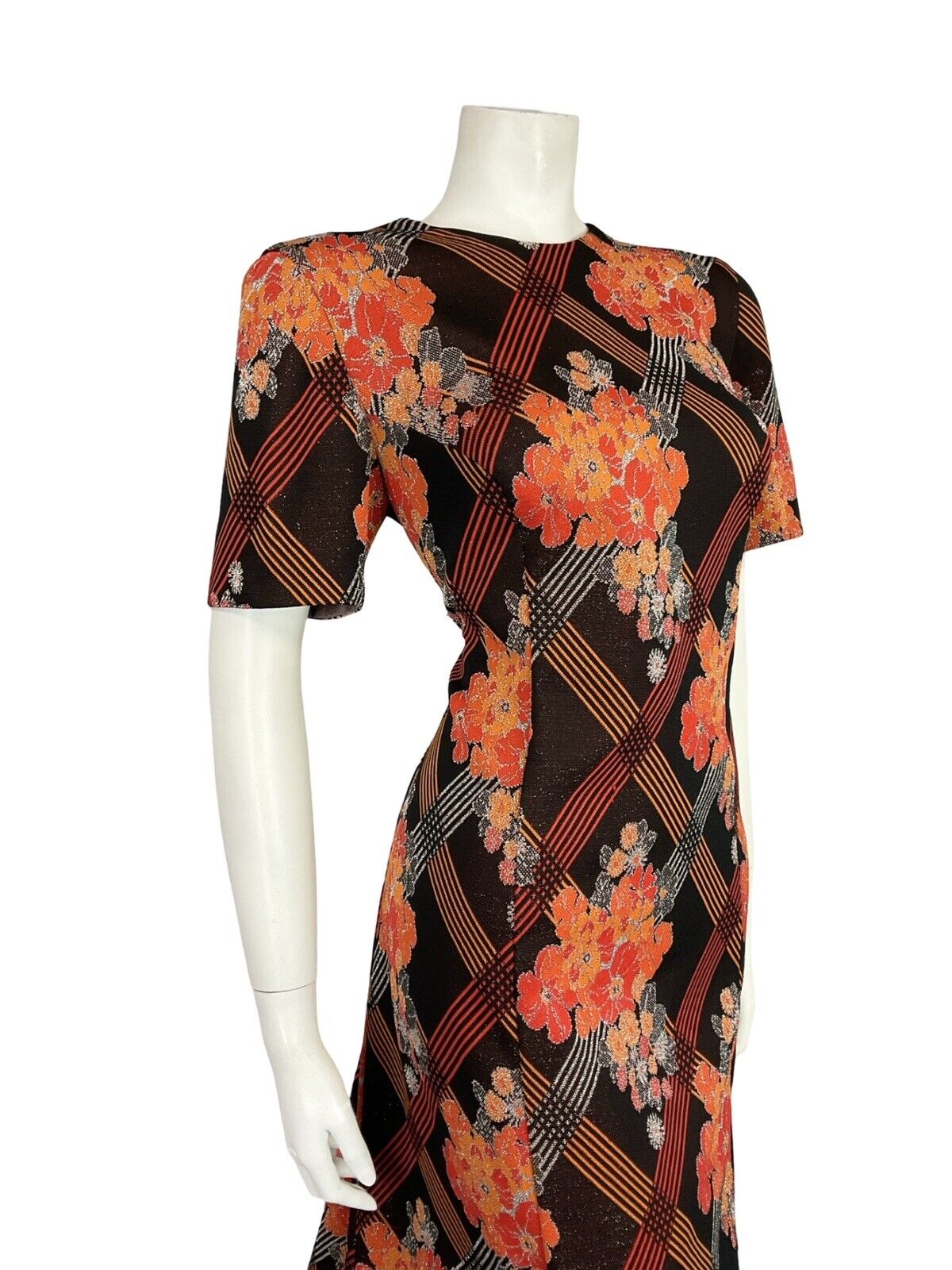VTG MOD 60S BLACK ORANGE SILVER GLITTER FLORAL CHECKED PARTY MIDI DRESS 16