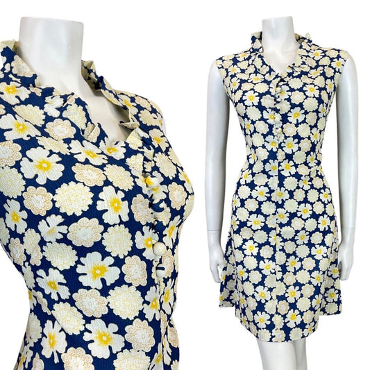 VINTAGE 60s 70s BLUE WHITE YELLOW FLORAL DAISY SLEEVELESS MOD SHIRT DRESS 12