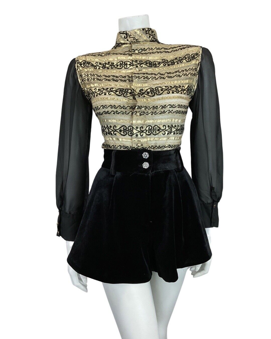 VINTAGE 60s 70s BLACK GOLD STRIPED SWIRL SHEER PARTY STUDIO 54 BLOUSE 8 10
