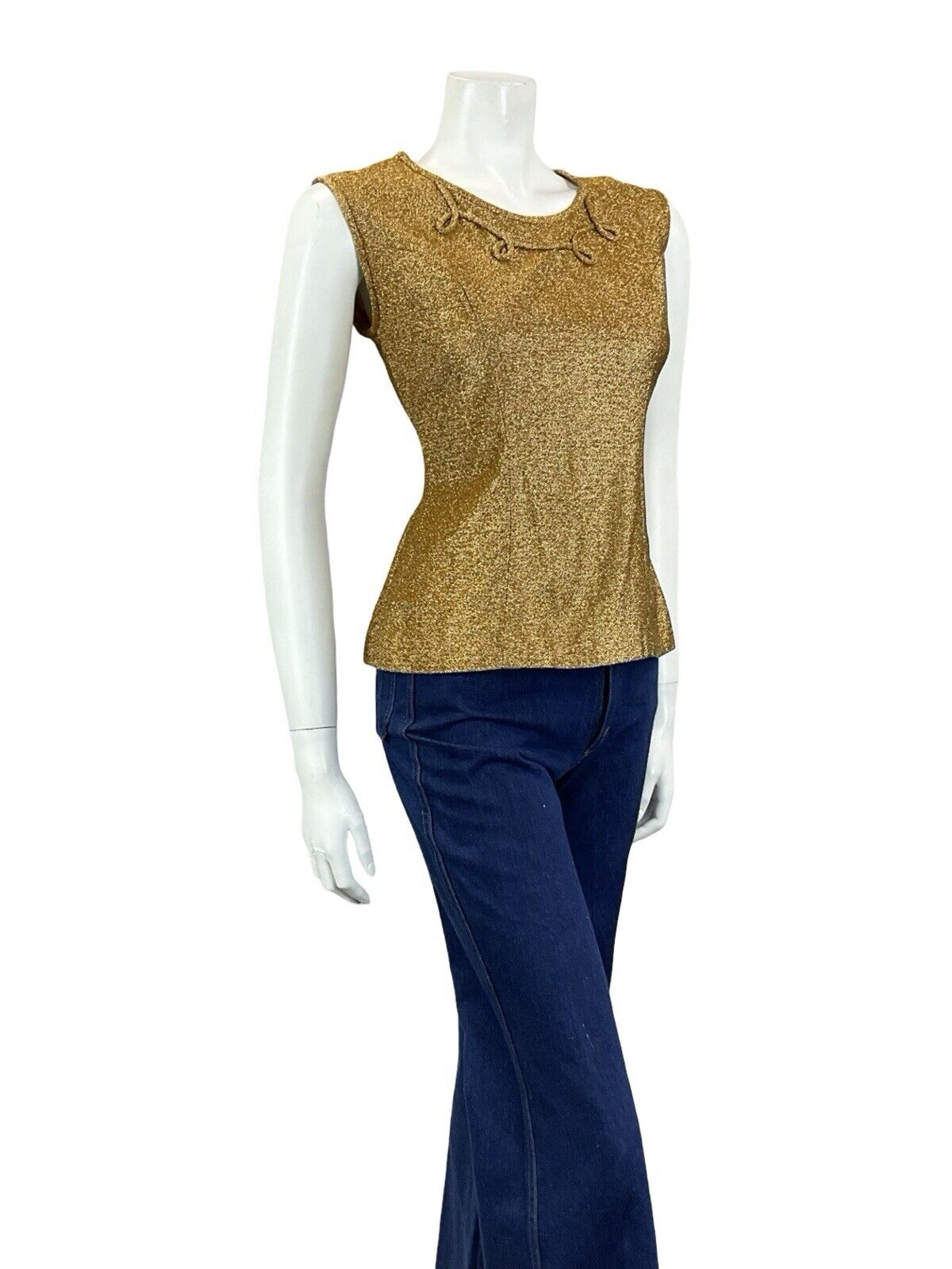 VTG 60S GOLD LUREX SWIRL PIPING ROUNDED NECK SLEEVELESS FITTED PARTY TOP 10