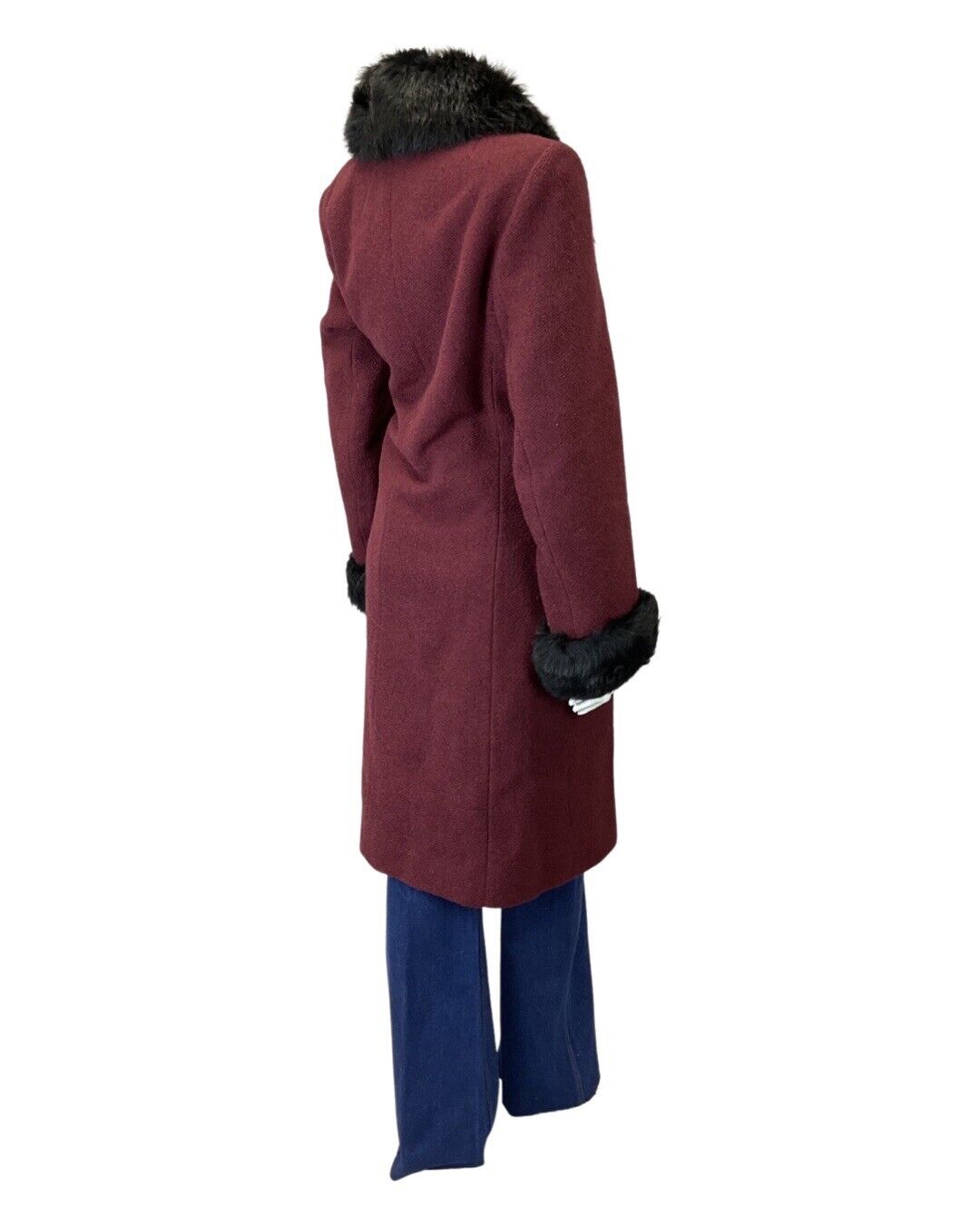 VINTAGE 60s 70s MAROON PURPLE BLACK FAUX FUR MOD MID-LENGTH WOOL COAT 14 16