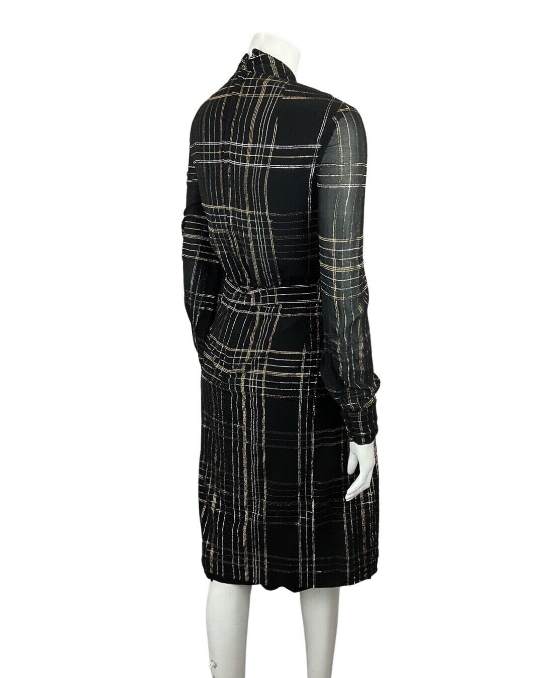 VINTAGE 60s 70s BLACK GOLD SILVER CHECKED MOD SHEER PUSSYBOW SHIRT DRESS 12