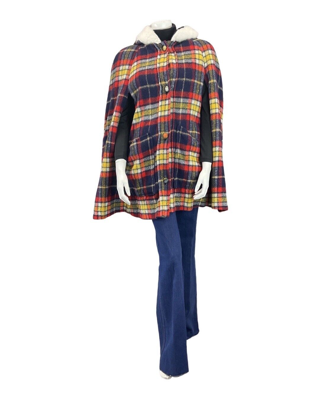 VINTAGE 60s BLUE RED WHITE TARTAN PLAID MOD FAUX-FUR HOODED WOOL CAPE 8