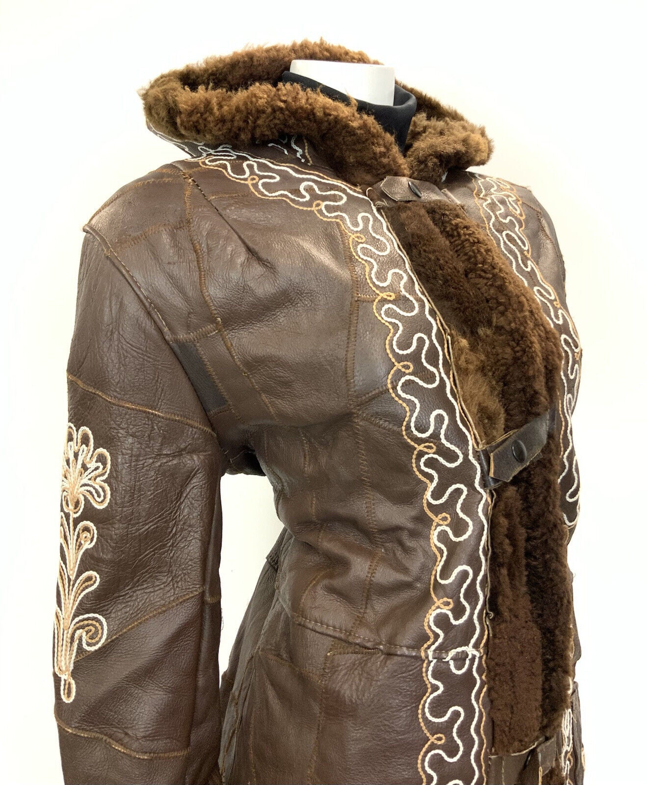 VTG 60s 70s BROWN WHITE EMBROIDERED FLORAL PATCHWORK HOODED LEATHER COAT 16 18