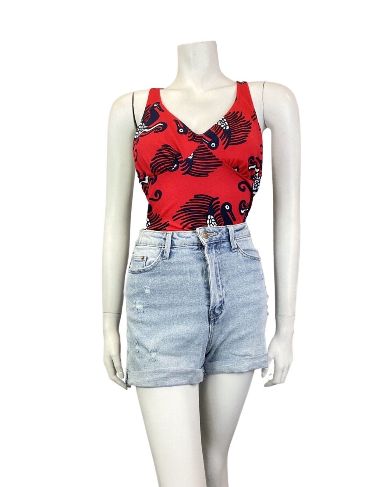 VINTAGE 60s 70s RED BLUE WHITE BIRD BOAT PSYCHEDELIC MOD SWIMSUIT BODYSUIT 8 10