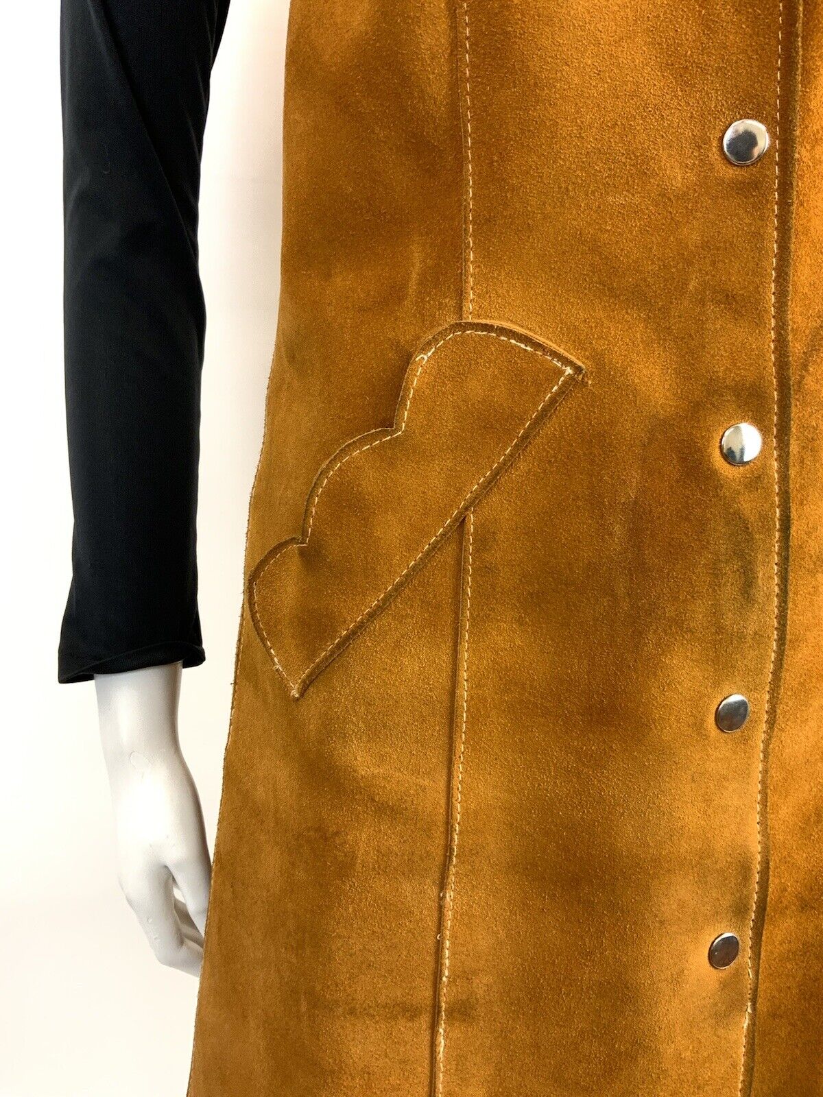 VTG 60s 70s BROWN SUEDE LEATHER SCALLOPED BOHO MOD PINAFORE PINNY DRESS 8 10
