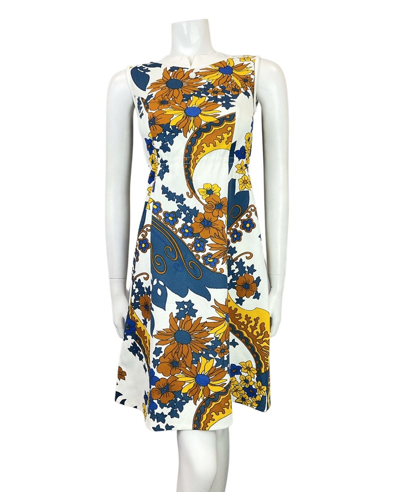 VINTAGE 60s 70s WHITE BLUE YELLOW PSYCHEDELIC FLORAL SLEEVELESS MOD DRESS 6