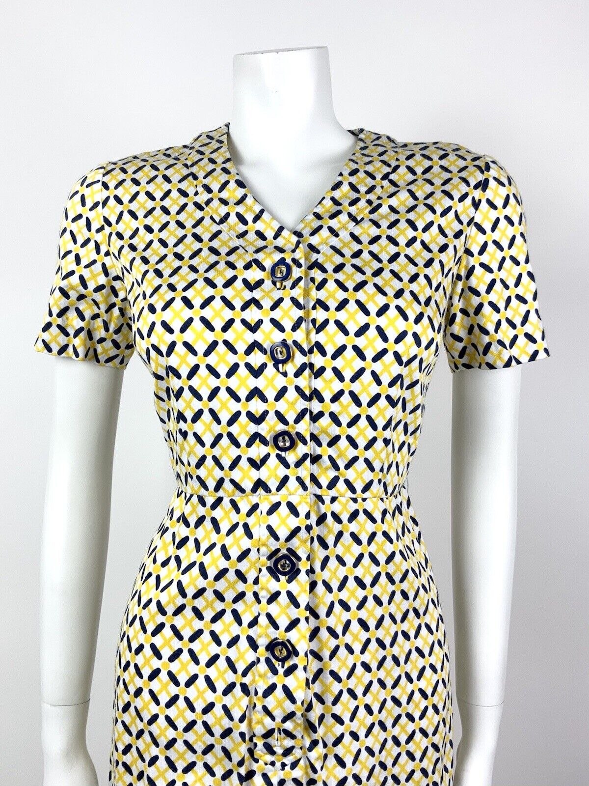 VINTAGE 60s 70s WHITE YELLOW NAVY BLUE CHECKED GEOMETRIC MOD DRESS 10