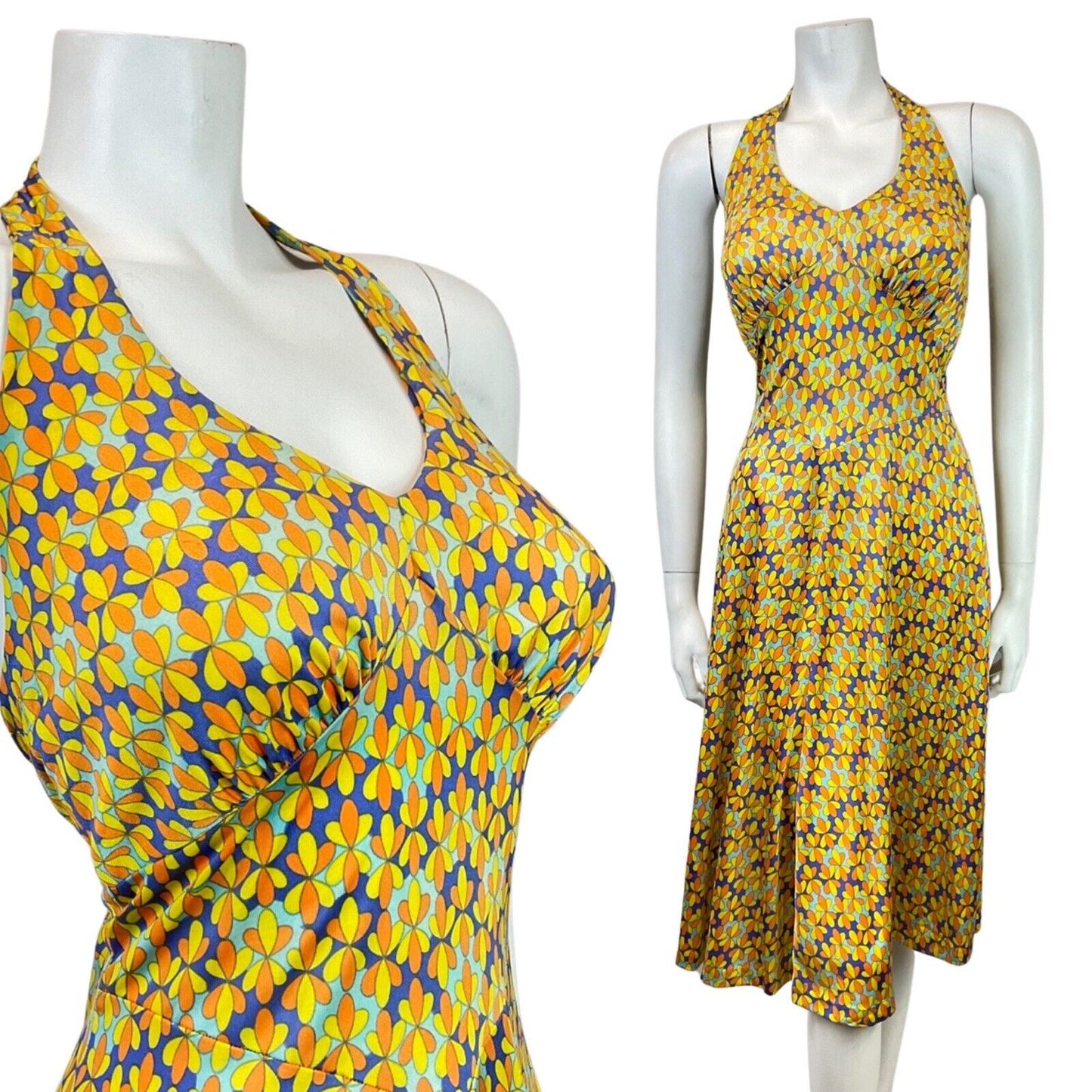 VINTAGE 60s YELLOW BLUE FLORAL DOTTY PSYCHEDELIC MOD HALTER SWING DRESS 10