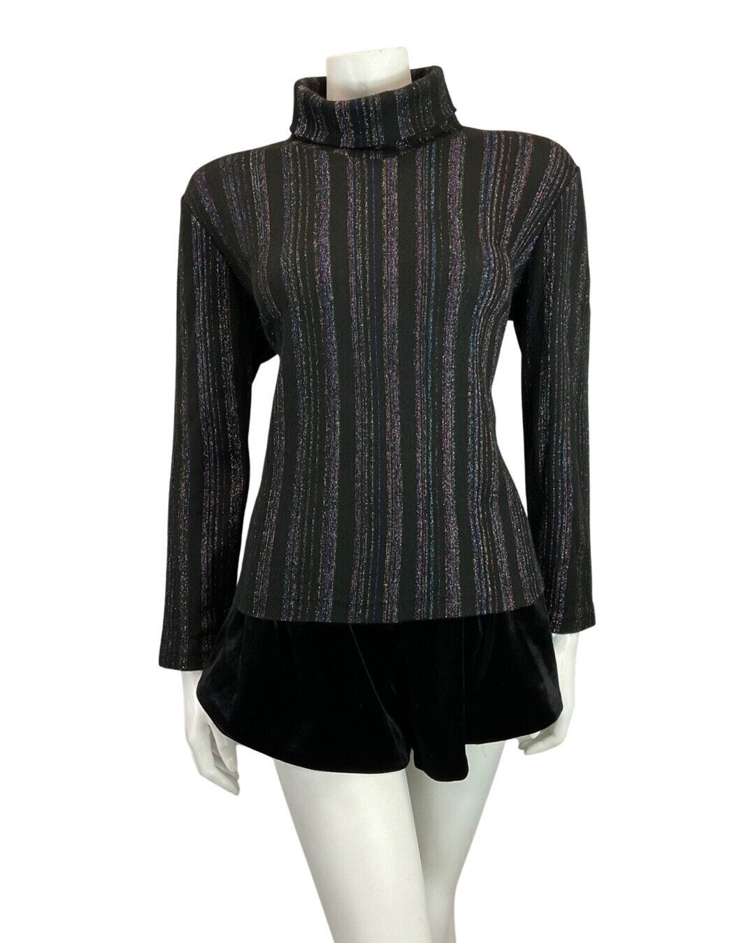 VINTAGE 60s 70s BLACK IRIDESCENT STRIPED ROLL-NECK TURTLENECK KNIT TOP 12 14