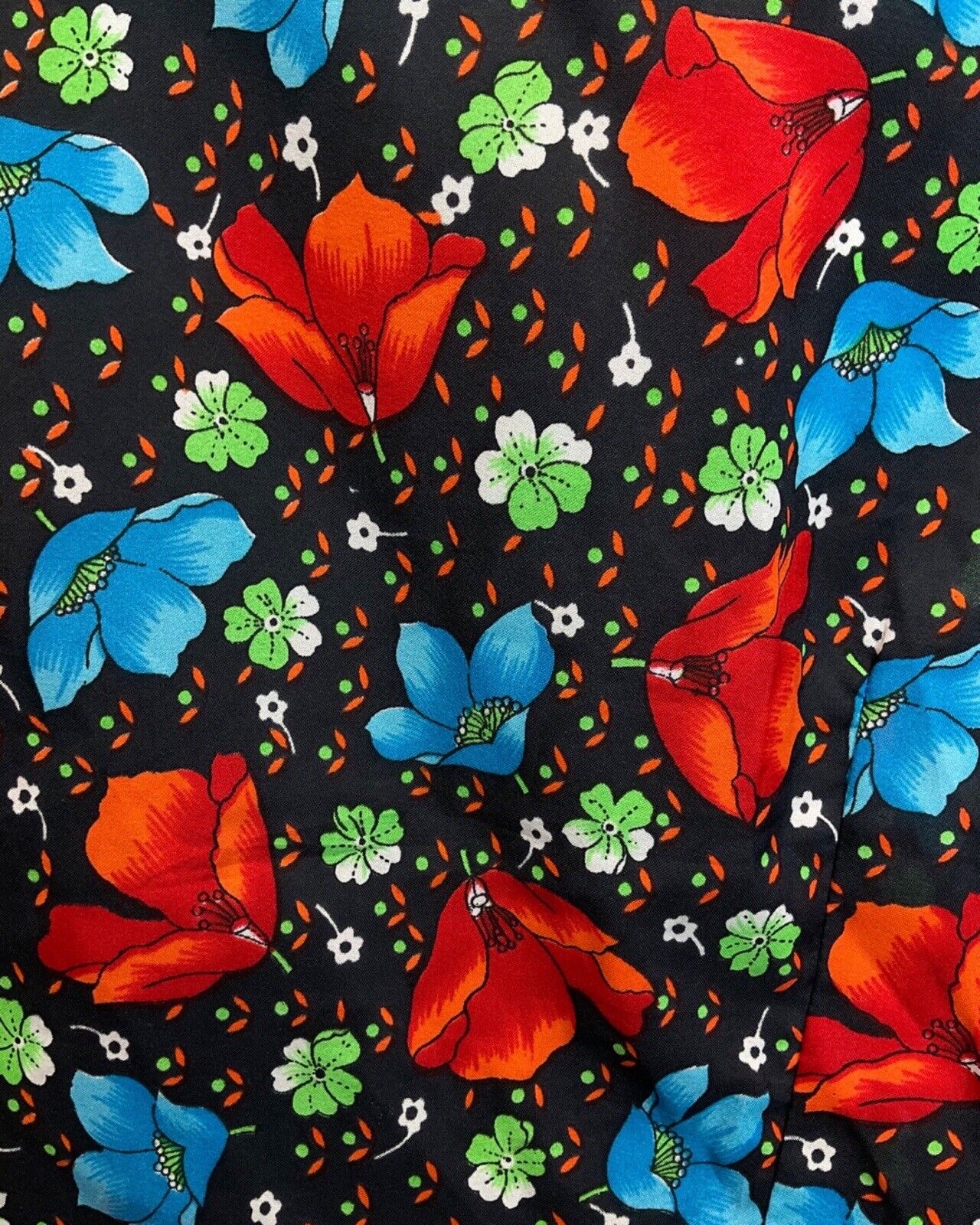 VINTAGE 60s 70s BLACK RED BLUE FLORAL MOD DAGGER COLLAR SHIRT 16 18