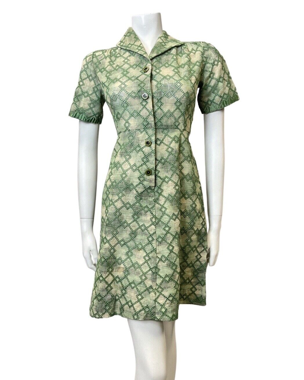 VINTAGE 60s 90s GREEN CREAM DIAMOND EMBROIDERED ANGLAISE MOD SHIRT DRESS 8 10