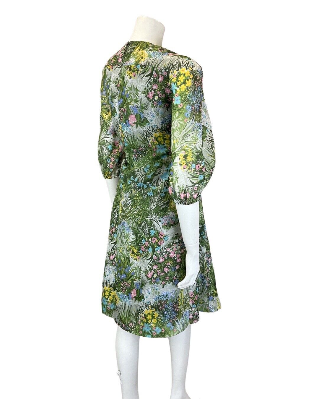 VINTAGE 60s 70s GREEN PINK BLUE GARDEN FLORAL GRASS SHEER FLOATY DRESS 12 14