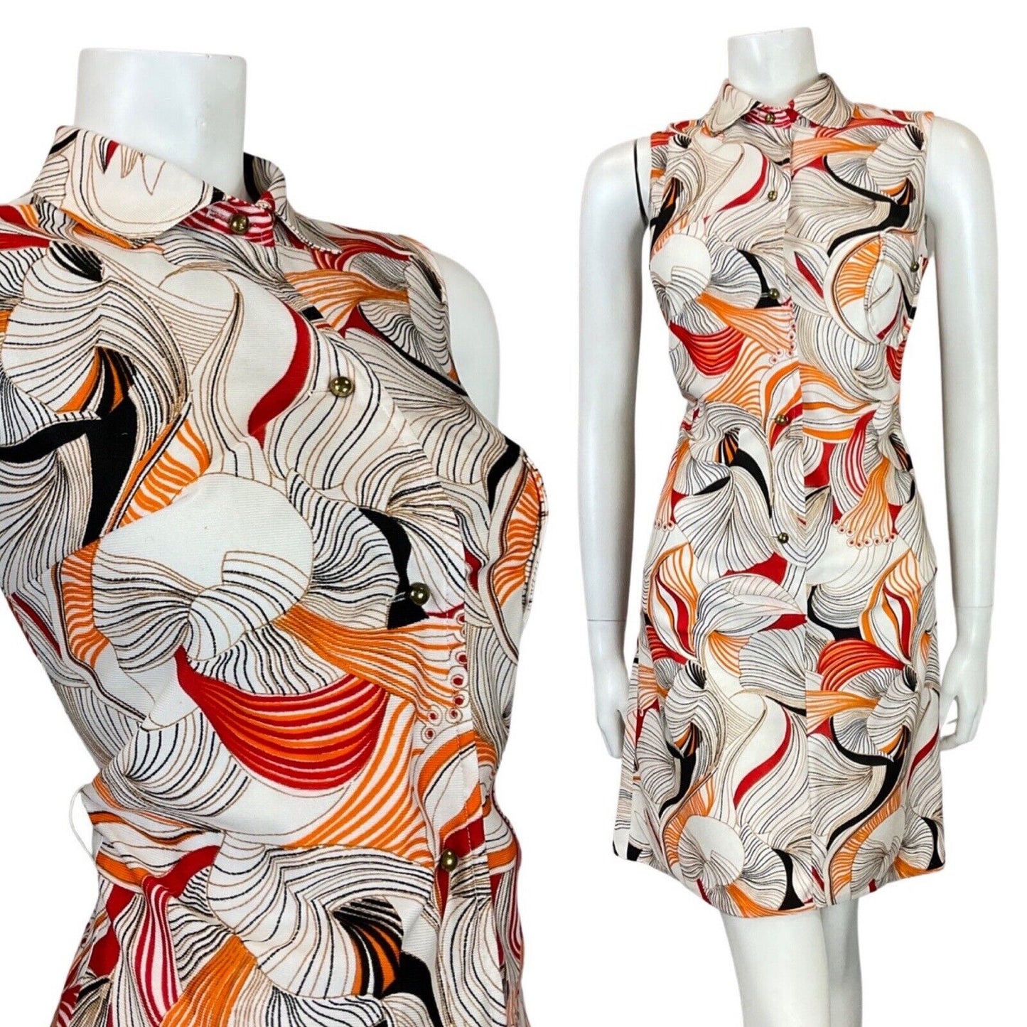 VINTAGE 60s 70s WHITE RED BLACK PSYCHEDELIC FLORAL SLEEVELESS MOD SHIRT DRESS 10