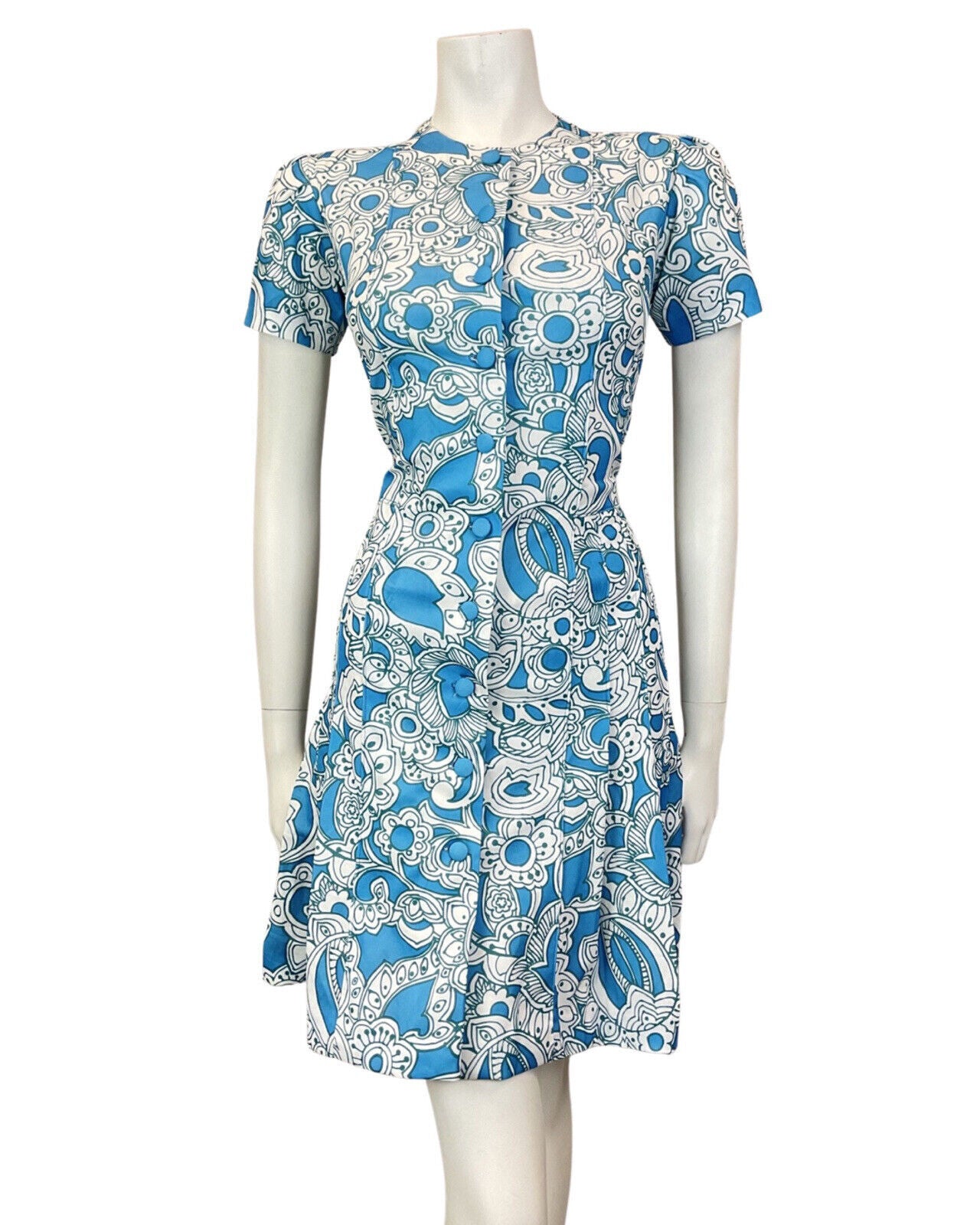 VINTAGE 60s 70s BLUE WHITE PSYCHEDELIC FLORAL PLEATED MOD SHORT DRESS 10